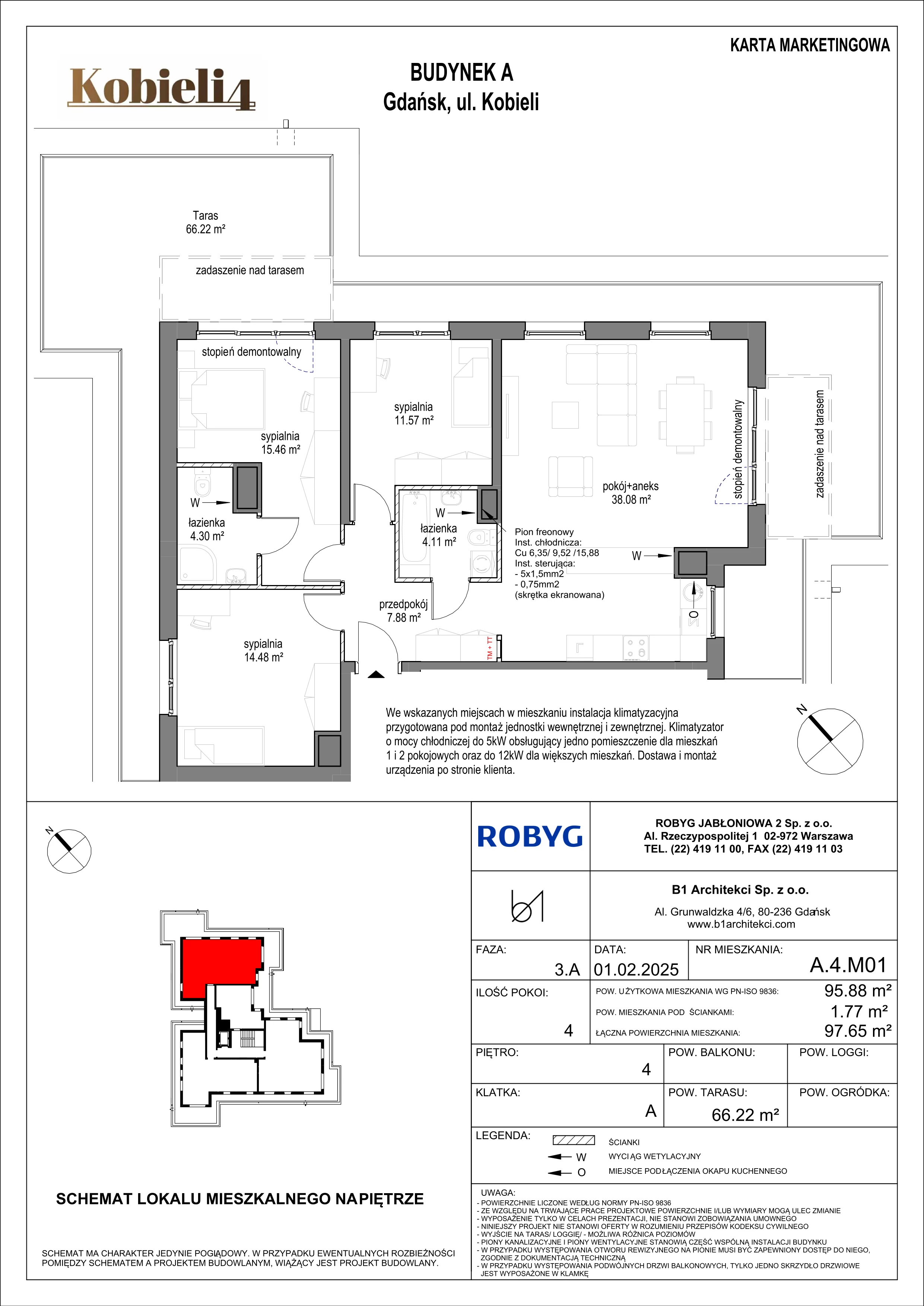 4 pokoje, mieszkanie 95,88 m², piętro 4, oferta nr A.4M01, KOBIELI 4, Gdańsk, Brzeźno, ul. Bogumiła Kobieli / Gdańska