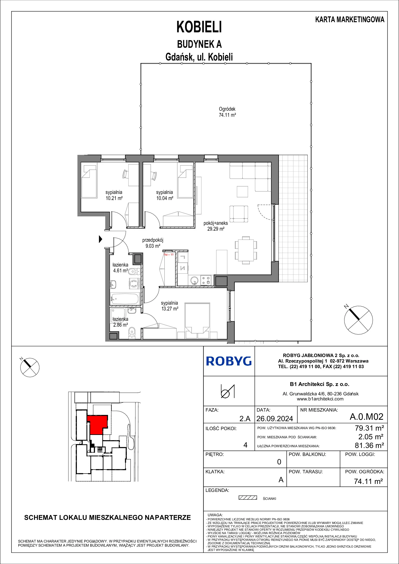 Mieszkanie 79,31 m², parter, oferta nr A.0M02, KOBIELI 4, Gdańsk, Brzeźno, ul. Bogumiła Kobieli / Gdańska