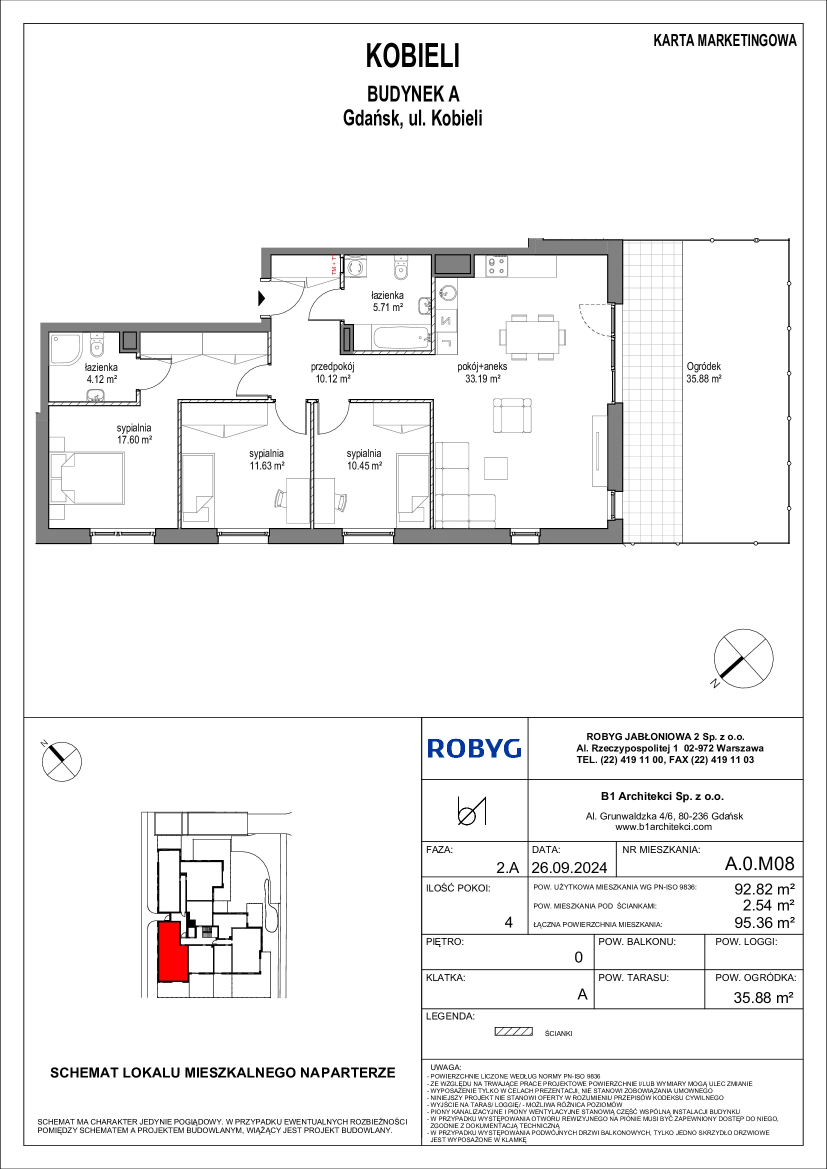 Mieszkanie 92,82 m², parter, oferta nr A.0M08, KOBIELI 4, Gdańsk, Brzeźno, ul. Bogumiła Kobieli / Gdańska