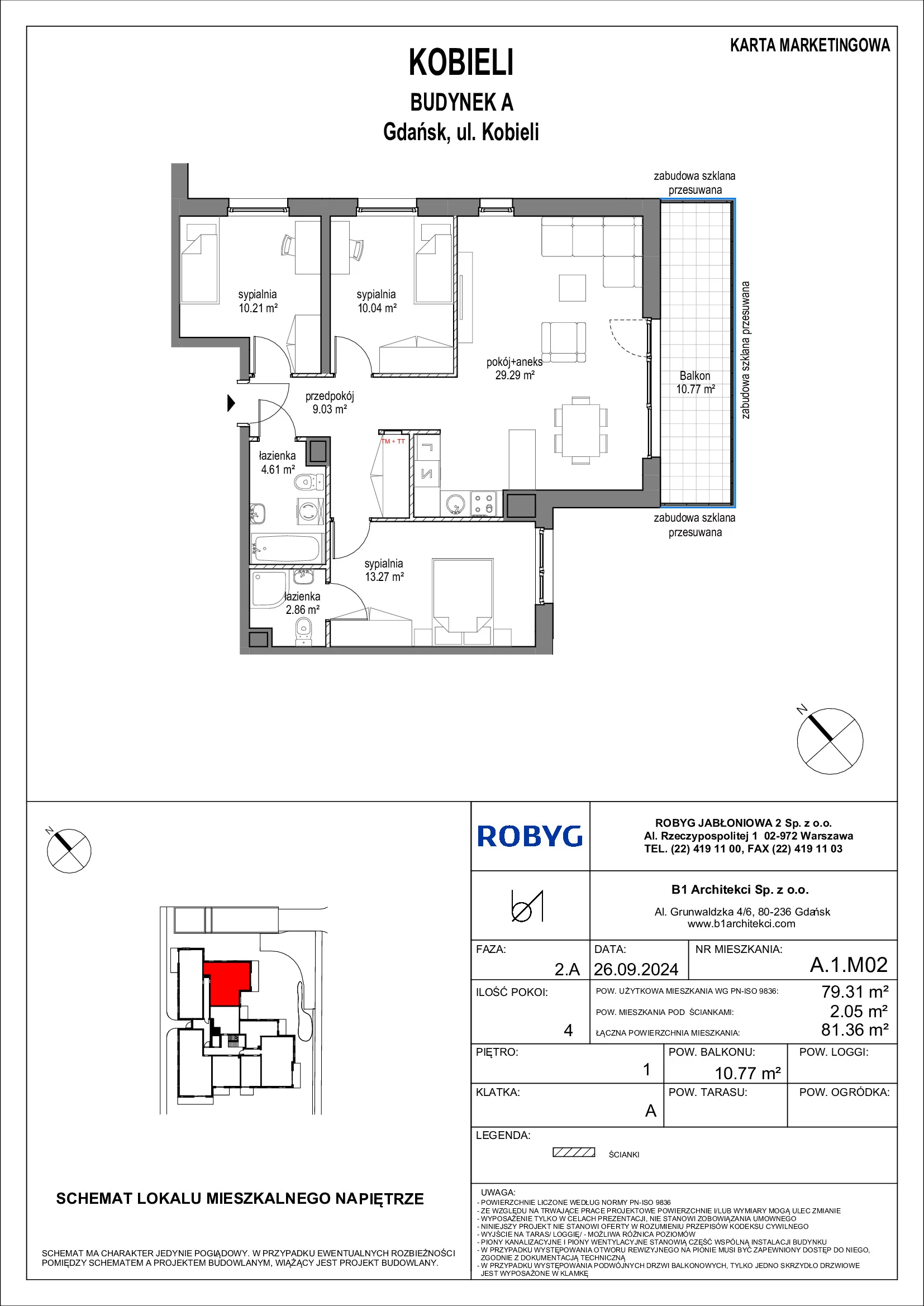 Mieszkanie 79,31 m², piętro 1, oferta nr A.1M02, KOBIELI 4, Gdańsk, Brzeźno, ul. Bogumiła Kobieli / Gdańska