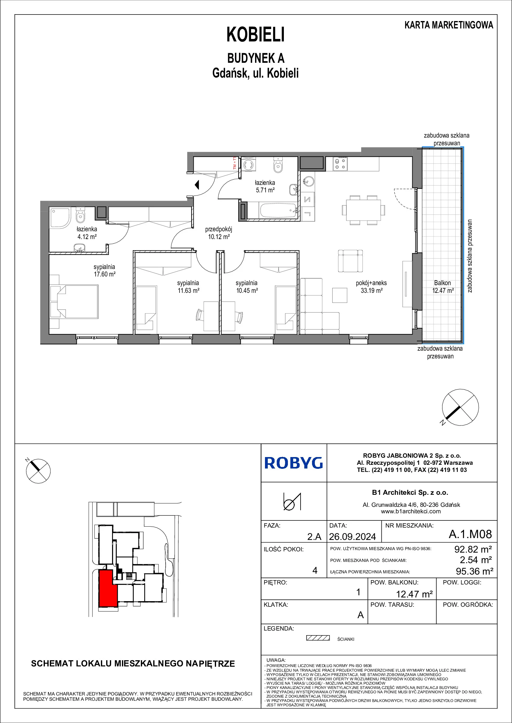 Mieszkanie 92,82 m², piętro 1, oferta nr A.1M08, KOBIELI 4, Gdańsk, Brzeźno, ul. Bogumiła Kobieli / Gdańska