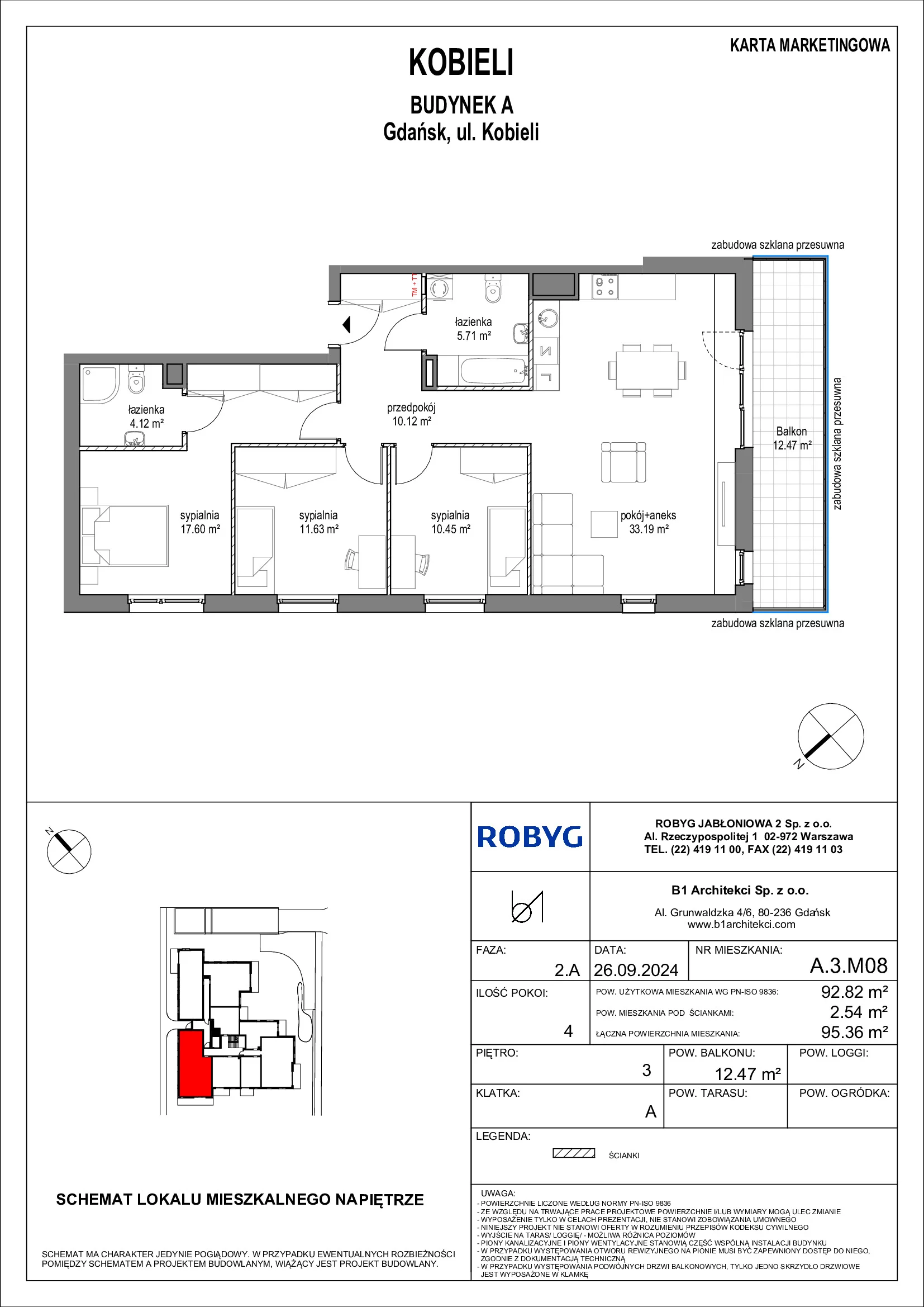 Mieszkanie 92,82 m², piętro 3, oferta nr A.3M08, KOBIELI 4, Gdańsk, Brzeźno, ul. Bogumiła Kobieli / Gdańska