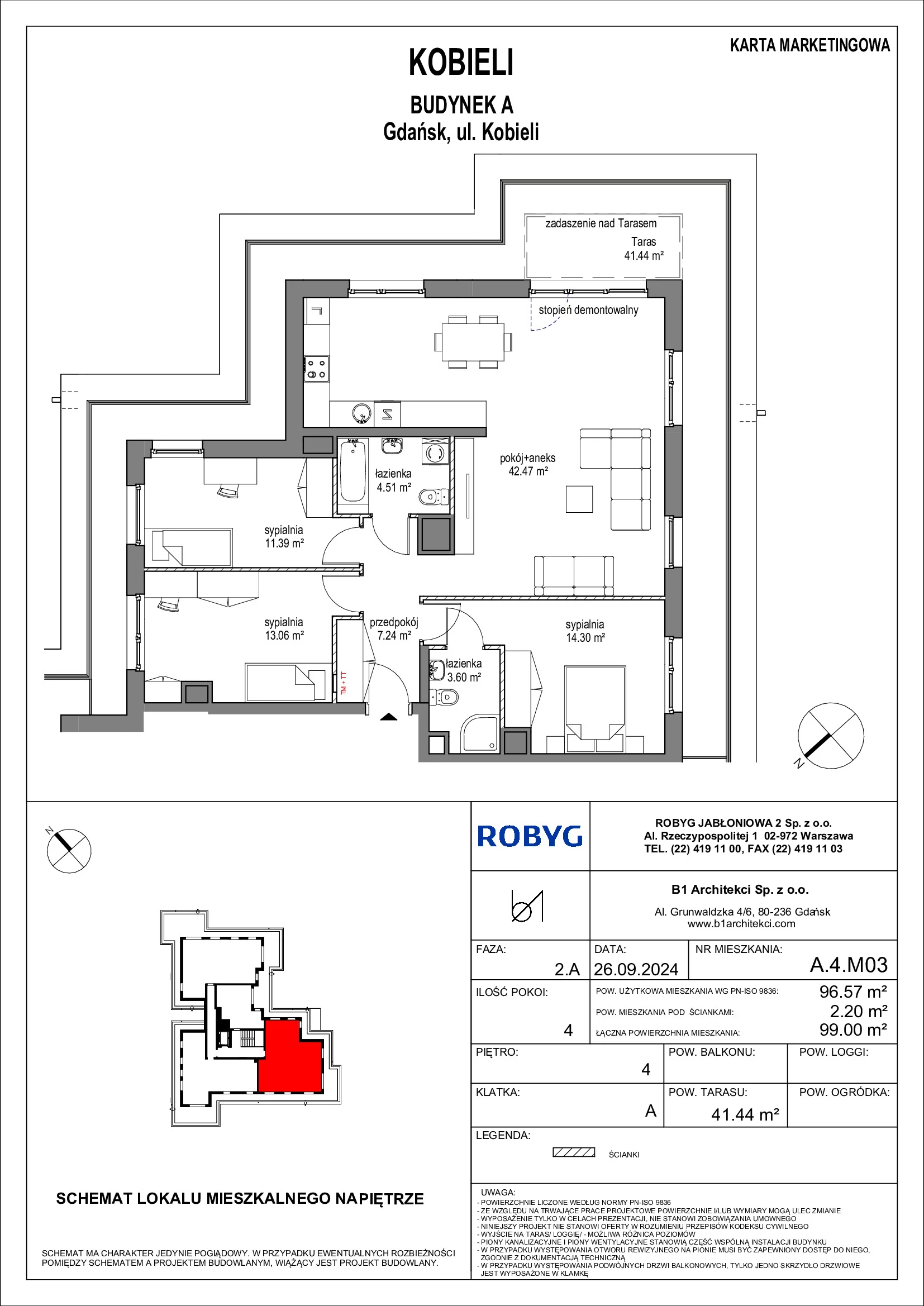 Mieszkanie 96,57 m², piętro 4, oferta nr A.4M03, KOBIELI 4, Gdańsk, Brzeźno, ul. Bogumiła Kobieli / Gdańska