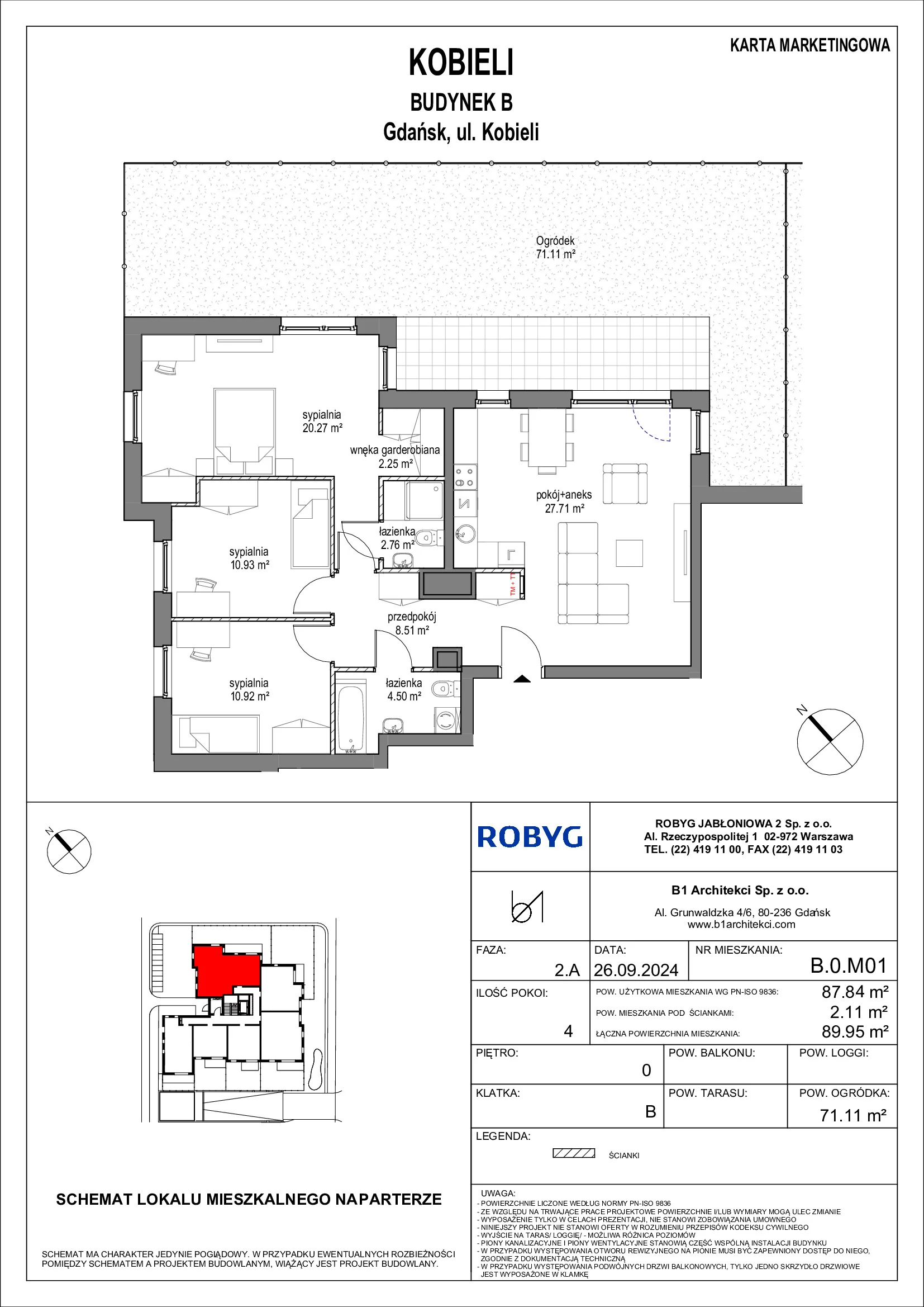 Mieszkanie 87,84 m², parter, oferta nr B.0M01, KOBIELI 4, Gdańsk, Brzeźno, ul. Bogumiła Kobieli / Gdańska