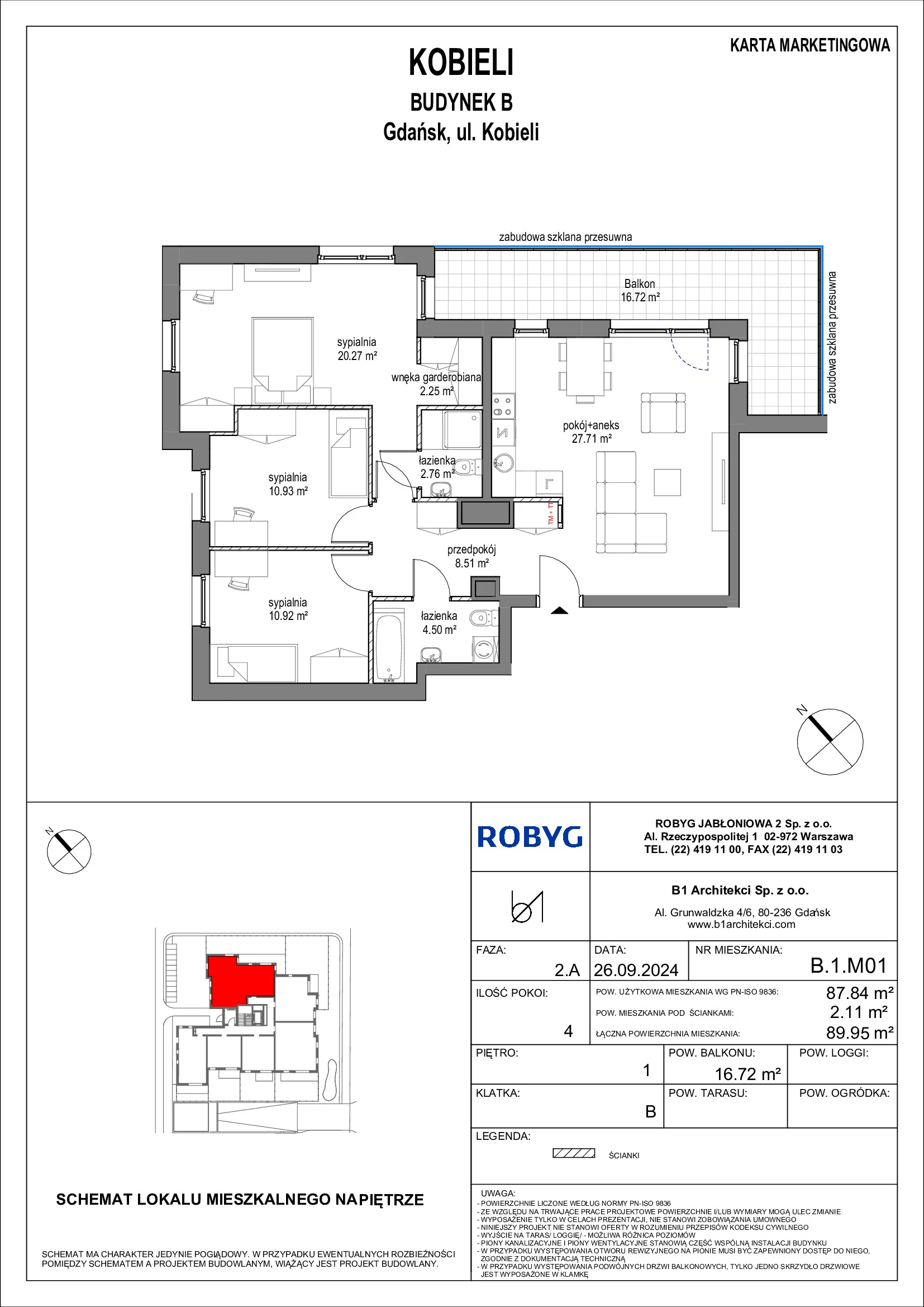 Mieszkanie 87,84 m², piętro 1, oferta nr B.1M01, KOBIELI 4, Gdańsk, Brzeźno, ul. Bogumiła Kobieli / Gdańska