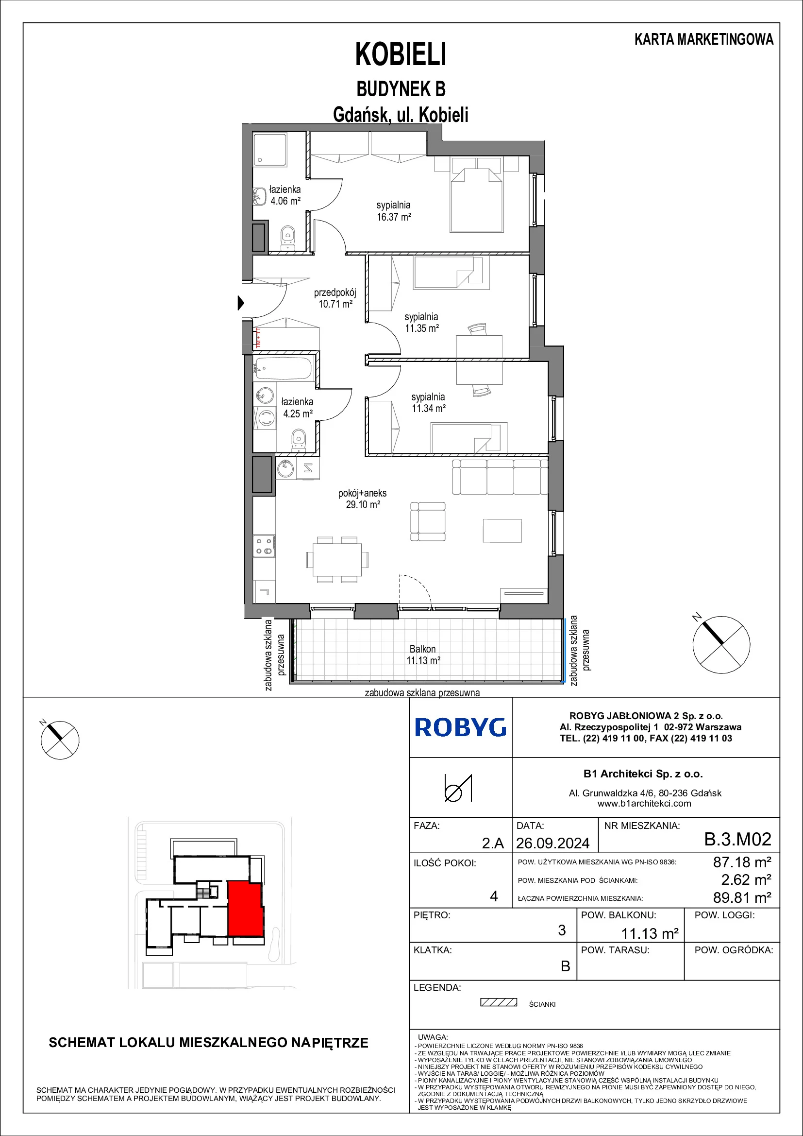 Mieszkanie 87,18 m², piętro 3, oferta nr B.3M02, KOBIELI 4, Gdańsk, Brzeźno, ul. Bogumiła Kobieli / Gdańska