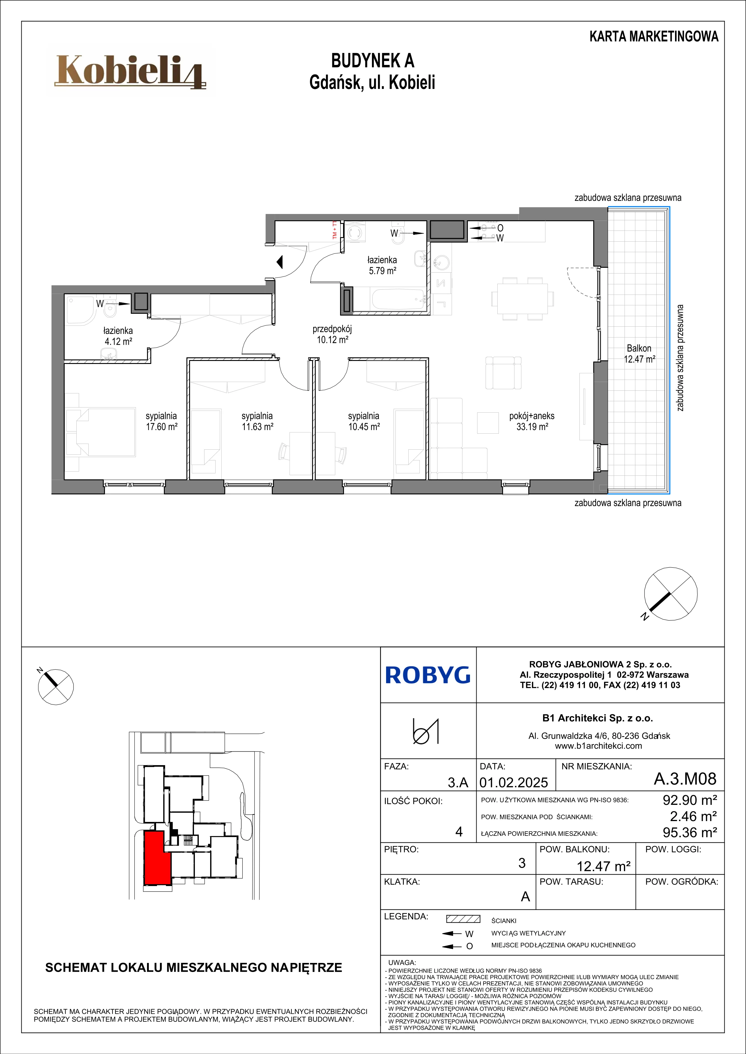 4 pokoje, mieszkanie 92,90 m², piętro 3, oferta nr A.3M08, KOBIELI 4, Gdańsk, Brzeźno, ul. Bogumiła Kobieli / Gdańska