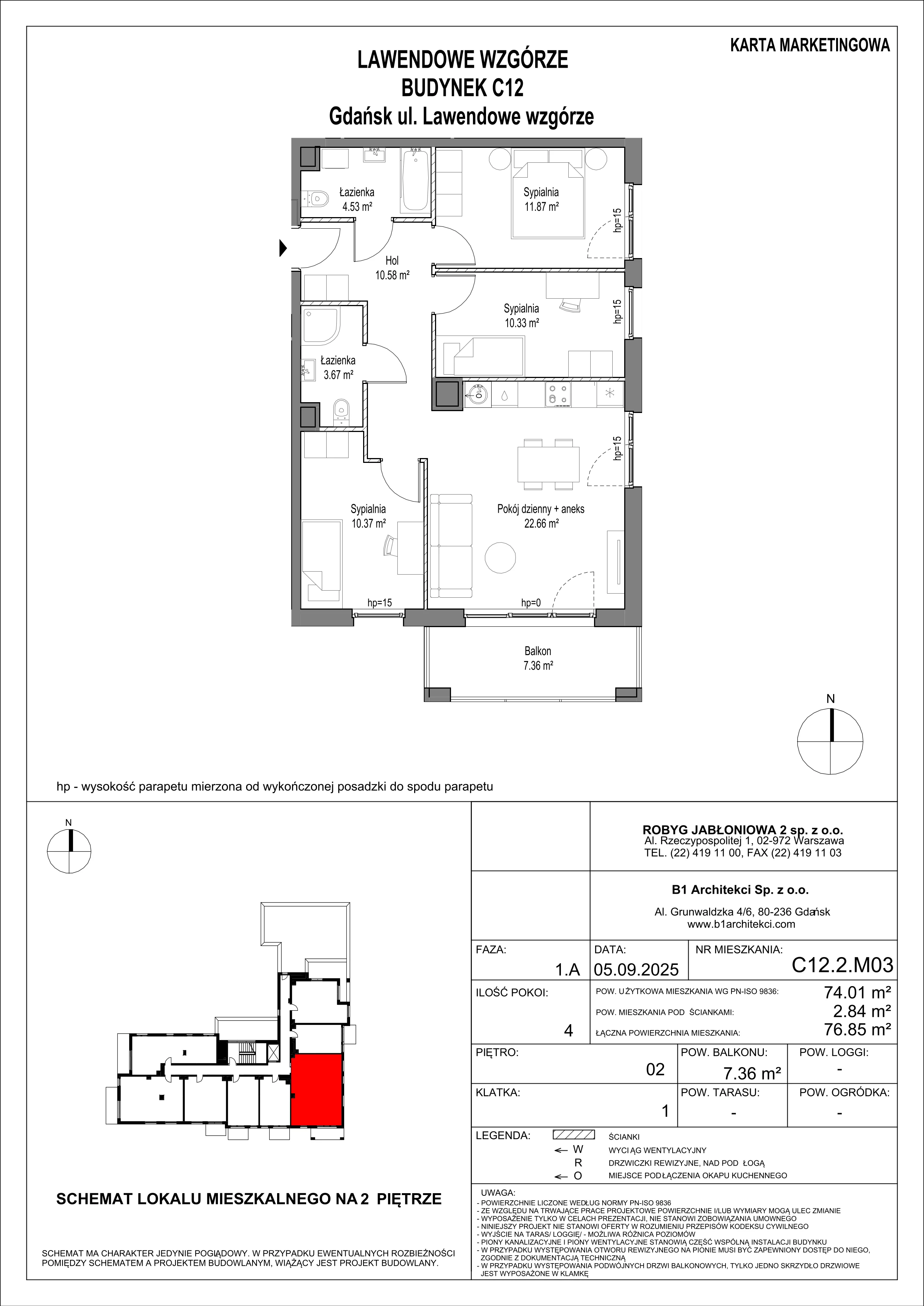 4 pokoje, mieszkanie 74,02 m², piętro 2, oferta nr C12.2M03, Lawendowe Wzgórza, Gdańsk, Jasień, ul. Lawendowe Wzgórze
