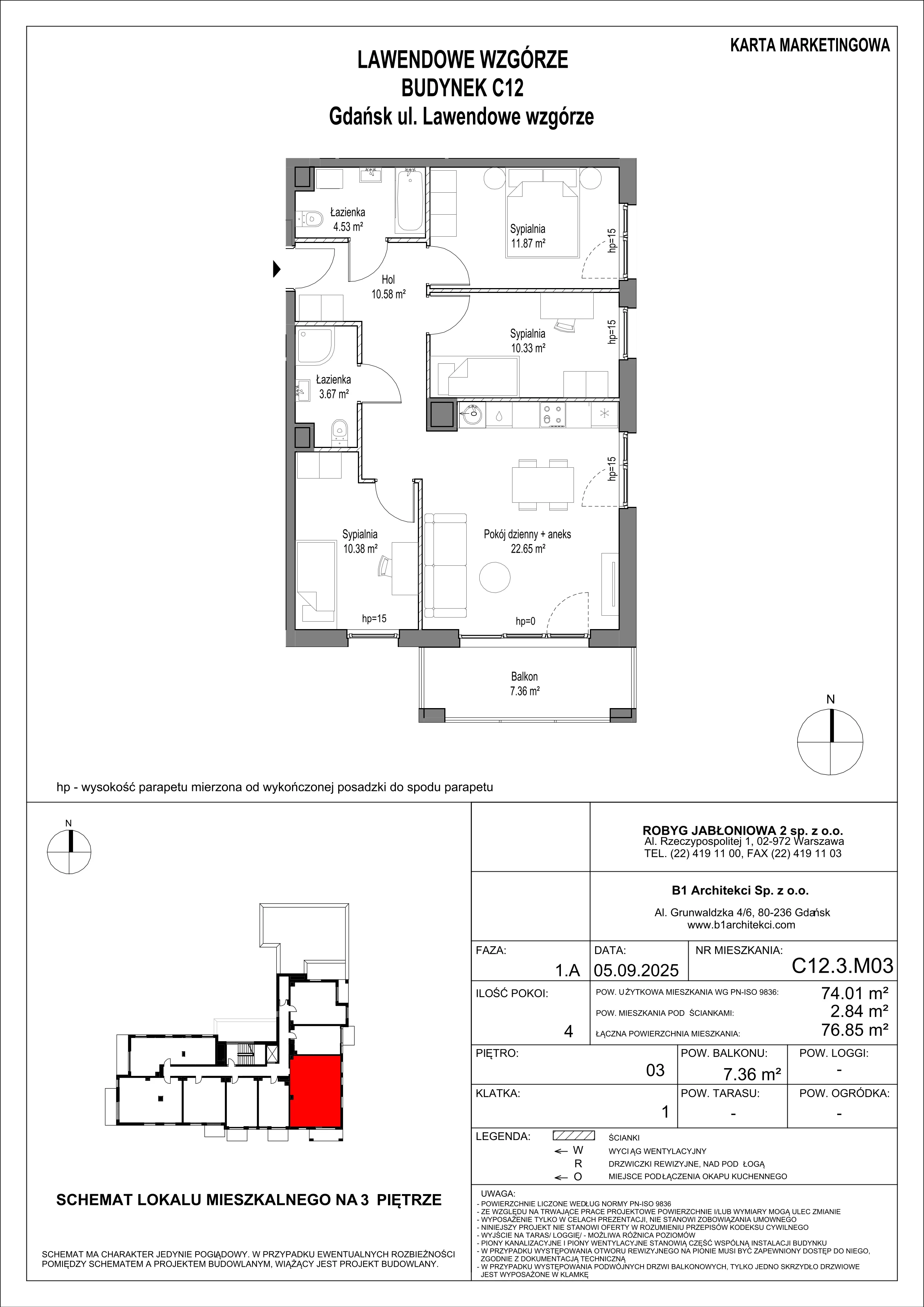 4 pokoje, mieszkanie 74,02 m², piętro 3, oferta nr C12.3M03, Lawendowe Wzgórza, Gdańsk, Jasień, ul. Lawendowe Wzgórze