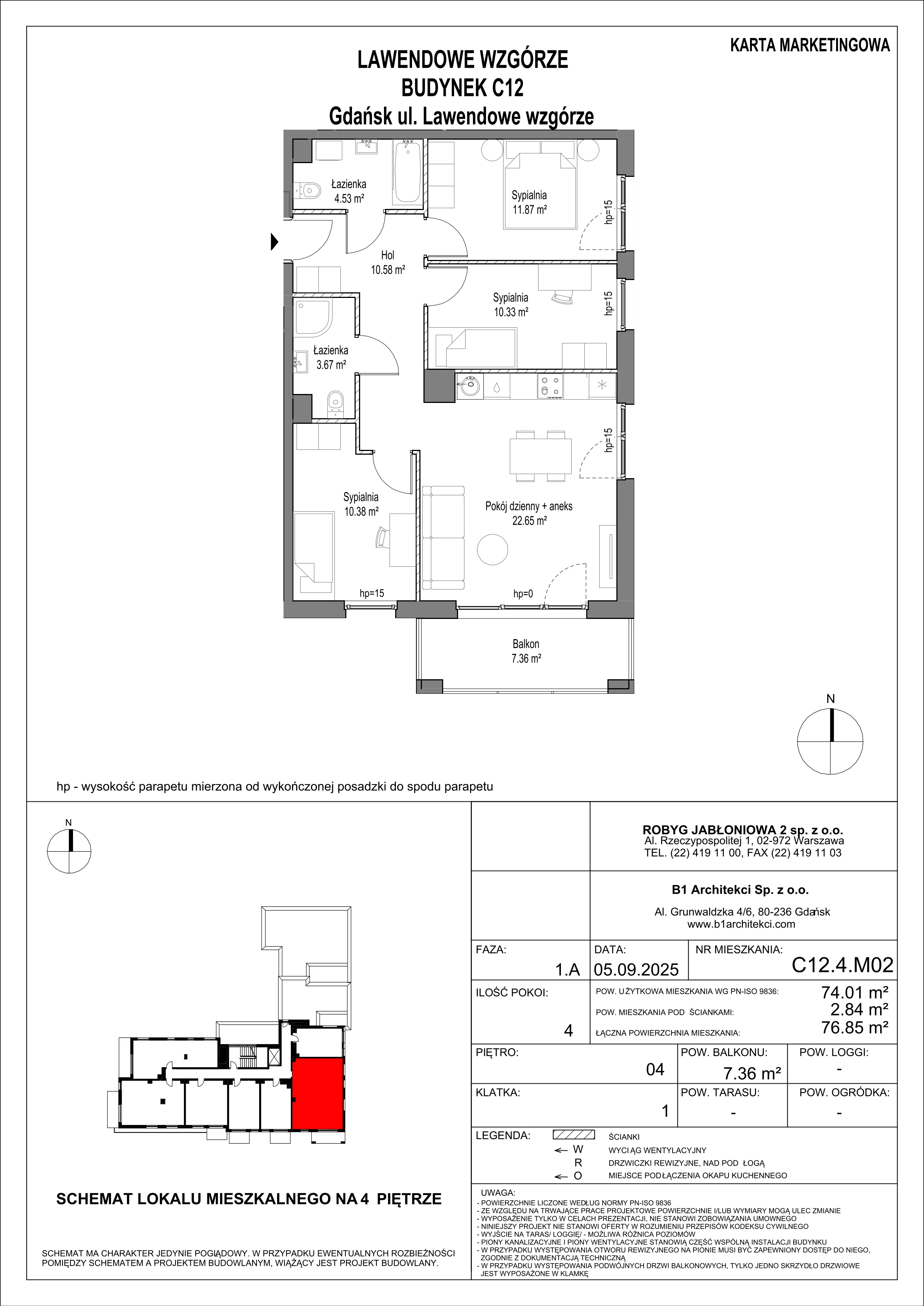 4 pokoje, mieszkanie 74,02 m², piętro 4, oferta nr C12.4M02, Lawendowe Wzgórza, Gdańsk, Jasień, ul. Lawendowe Wzgórze