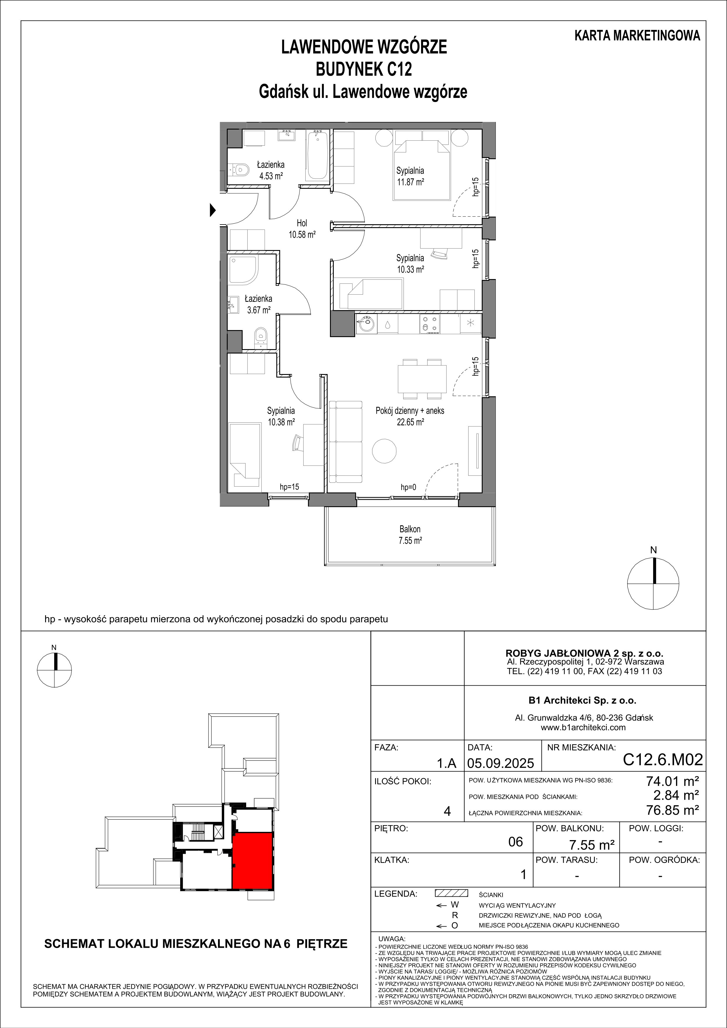 4 pokoje, mieszkanie 74,02 m², piętro 6, oferta nr C12.6M02, Lawendowe Wzgórza, Gdańsk, Jasień, ul. Lawendowe Wzgórze