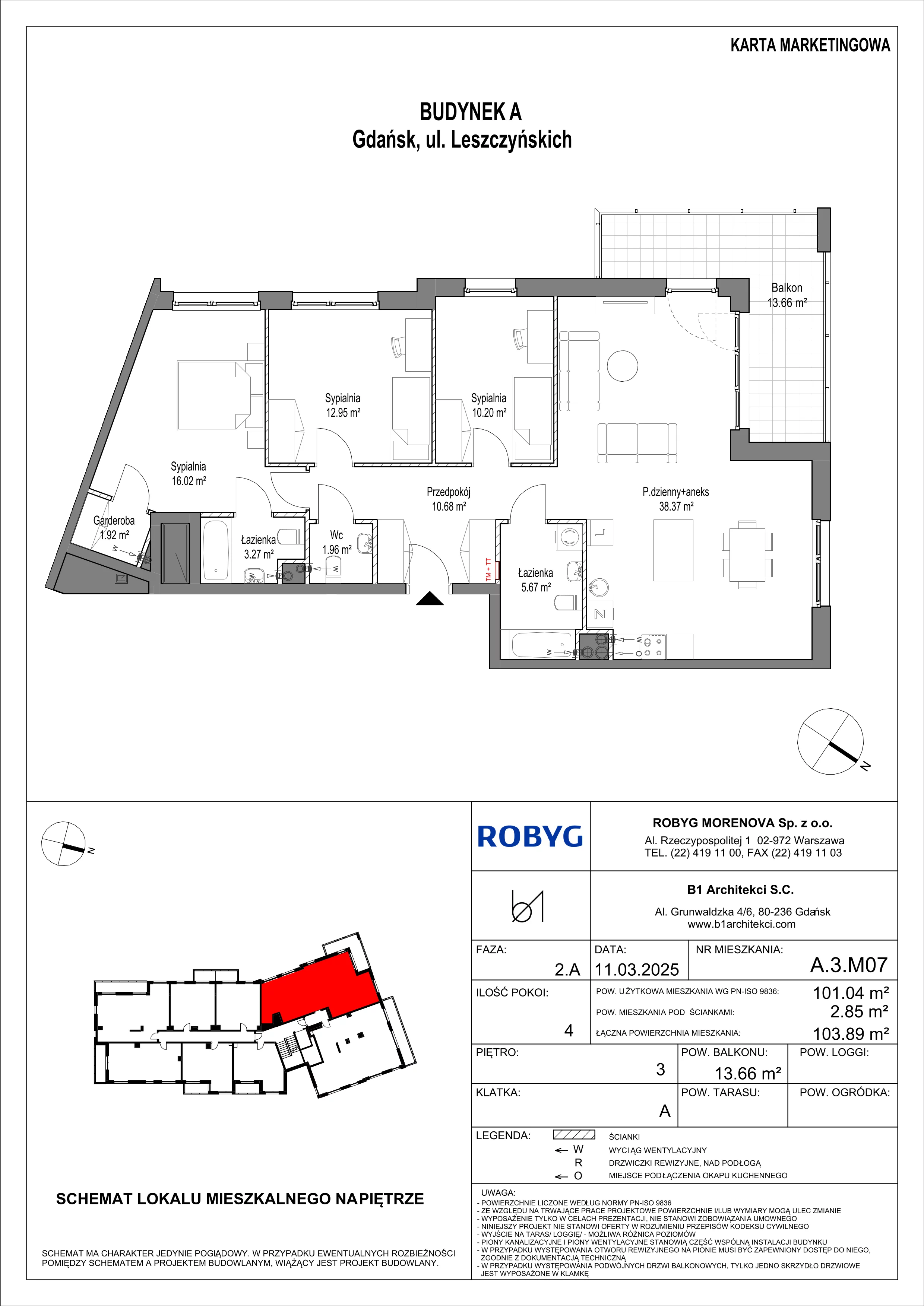 abc 4 pokoje, mieszkanie 101,04 m², piętro 3, oferta nr A.3M07, Leszczyńskich 2, Gdańsk, Zaspa, Zaspa-Rozstaje, ul. Leszczyńskich 2