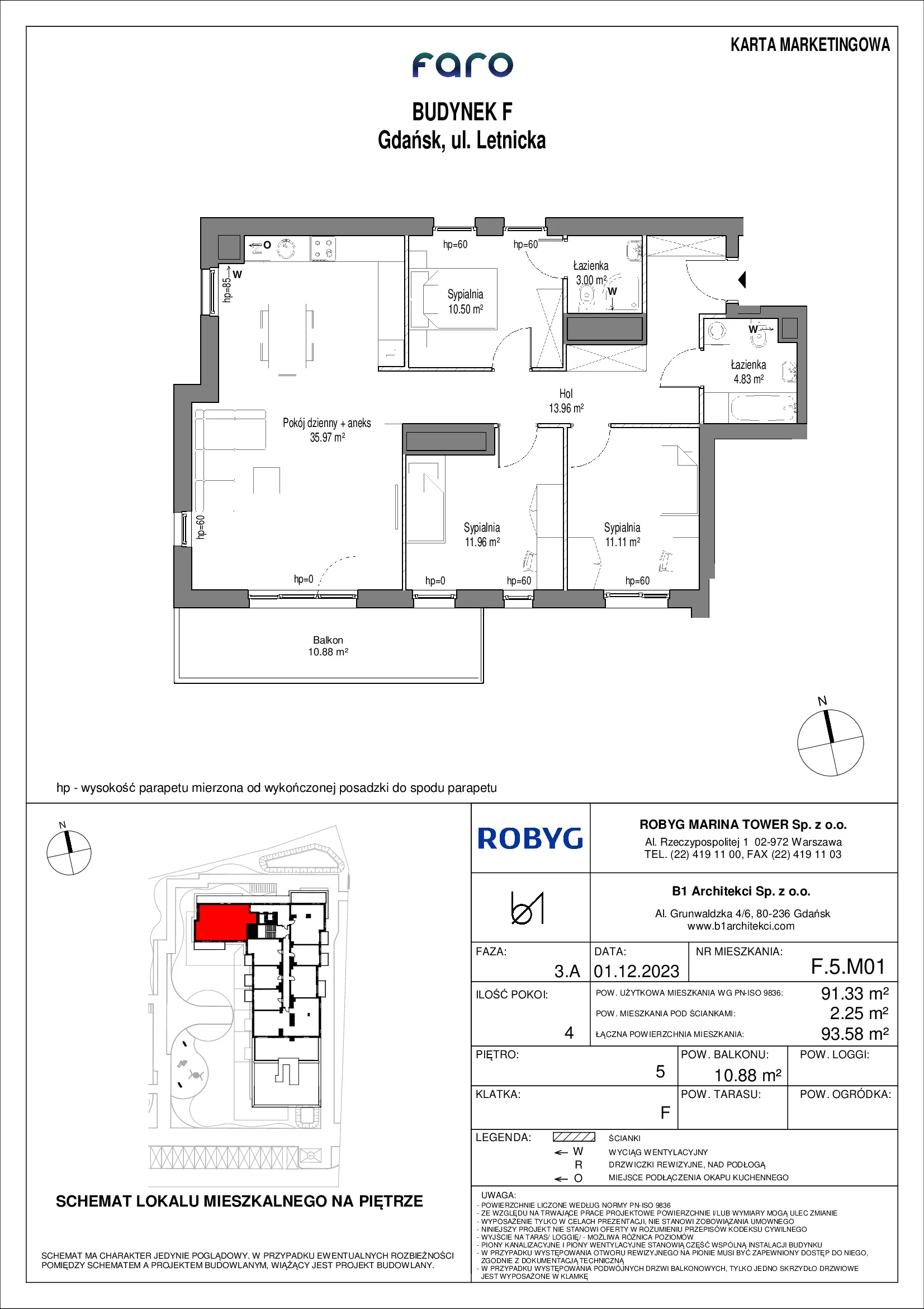Mieszkanie 91,33 m², piętro 5, oferta nr F.5M01, FARO, Gdańsk, Nowy Port, ul. Letnicka