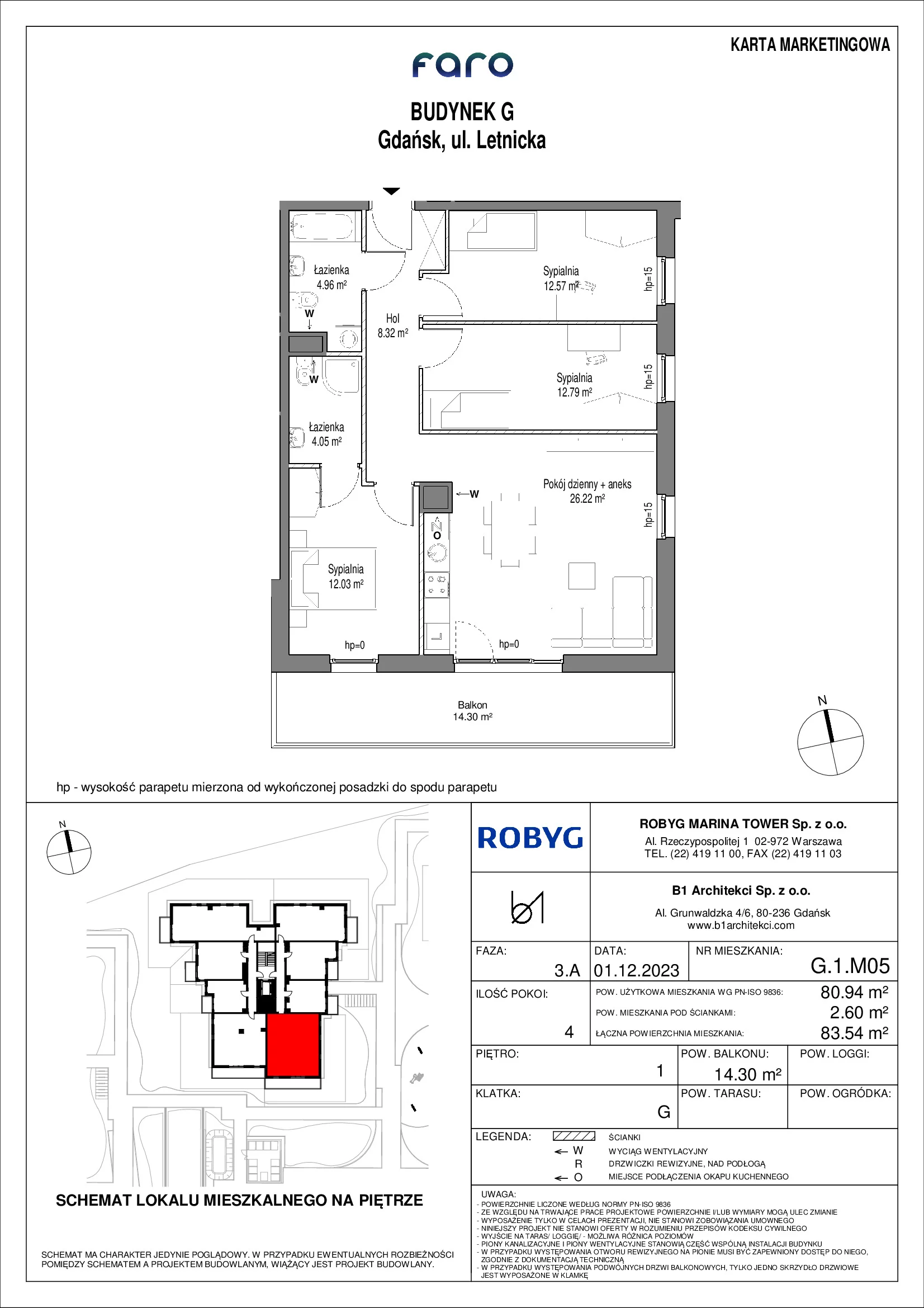 Mieszkanie 80,94 m², piętro 1, oferta nr G.1M05, FARO, Gdańsk, Nowy Port, ul. Letnicka