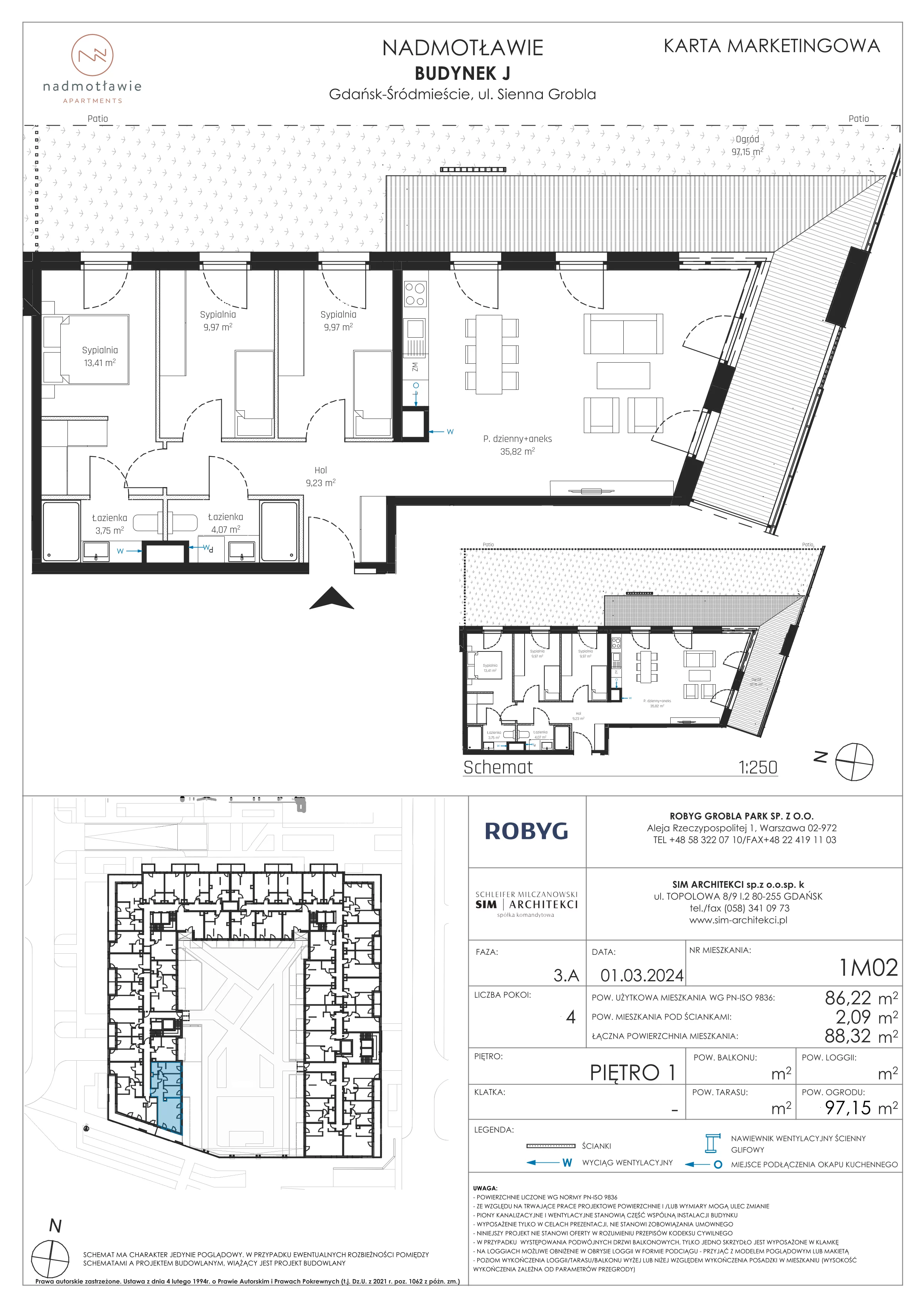 4 pokoje, mieszkanie 86,22 m², piętro 1, oferta nr J.1M02, Nadmotławie Apartments, Gdańsk, Śródmieście, ul. Sienna Grobla