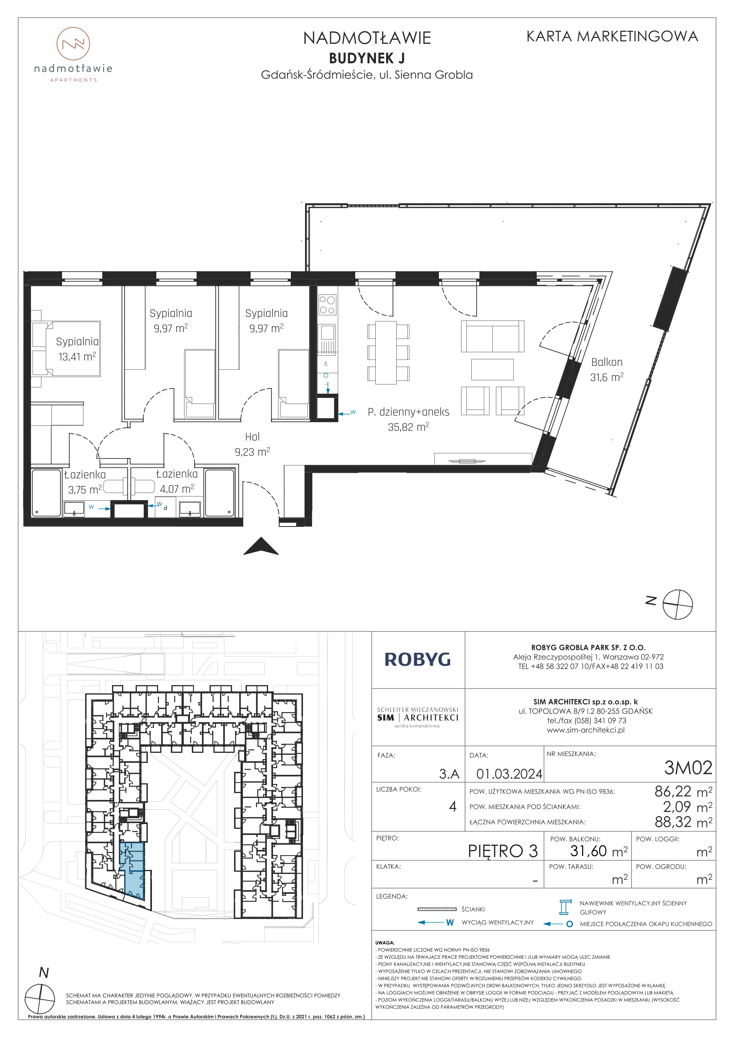 4 pokoje, mieszkanie 86,22 m², piętro 3, oferta nr J.3M02, Nadmotławie Apartments, Gdańsk, Śródmieście, ul. Sienna Grobla