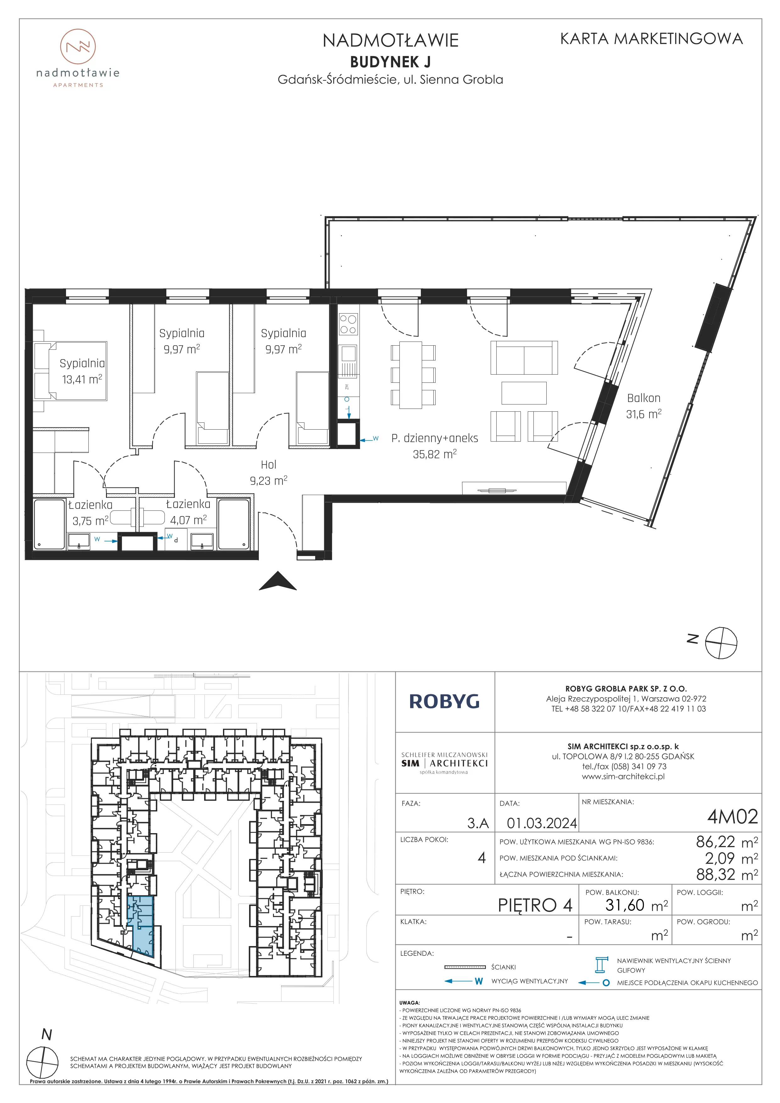 4 pokoje, mieszkanie 86,22 m², piętro 4, oferta nr J.4M02, Nadmotławie Apartments, Gdańsk, Śródmieście, ul. Sienna Grobla