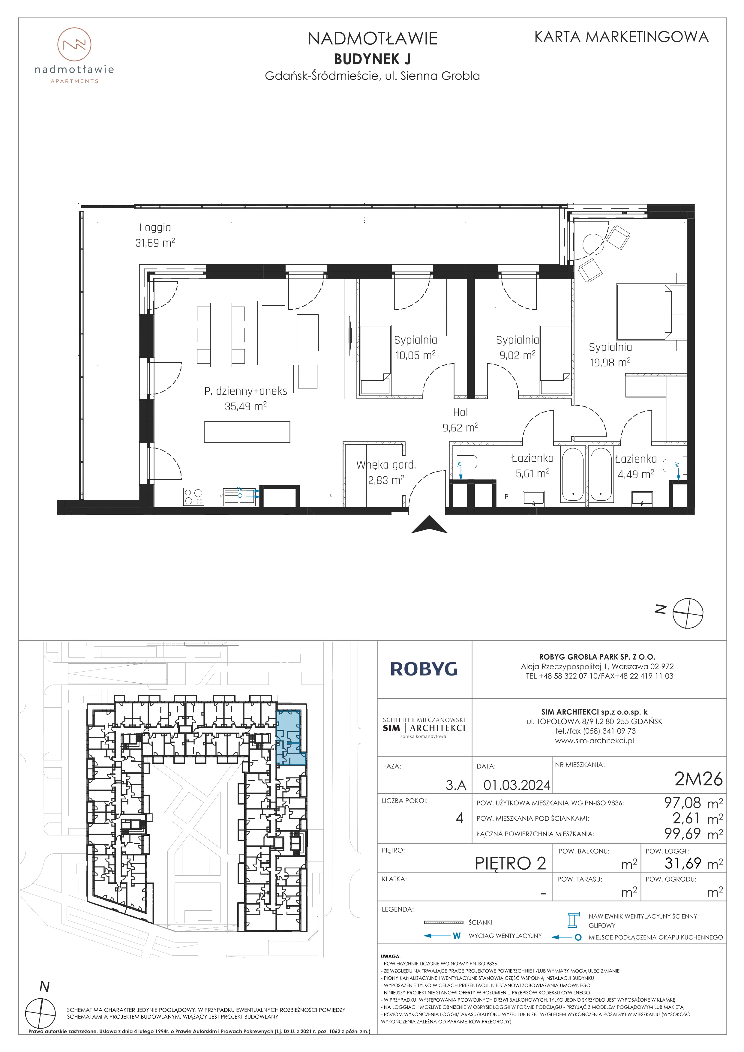 4 pokoje, mieszkanie 97,08 m², piętro 2, oferta nr J.2M26, Nadmotławie Apartments, Gdańsk, Śródmieście, ul. Sienna Grobla