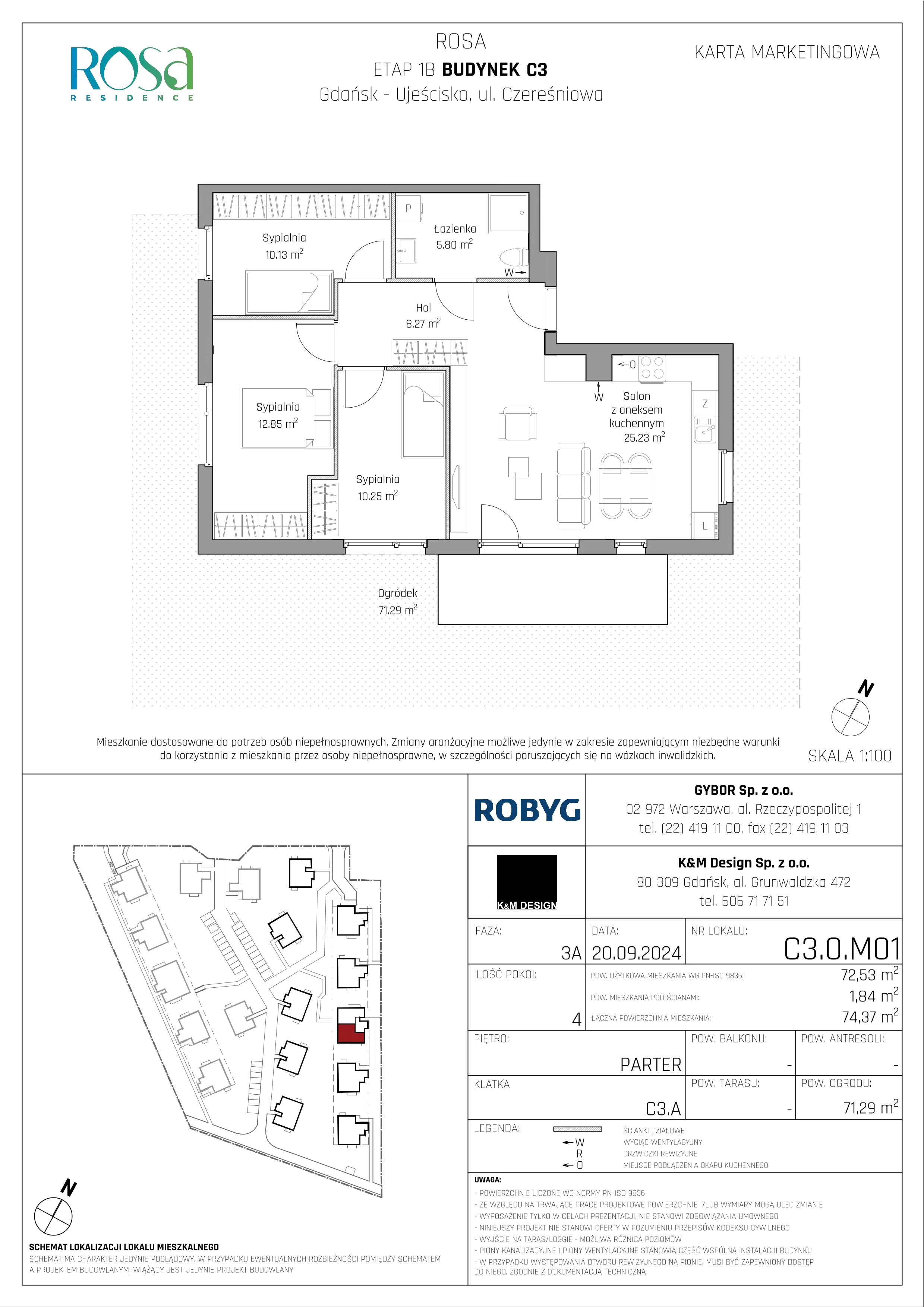 4 pokoje, mieszkanie 72,53 m², parter, oferta nr C3.0M01, ROSA Residence, Gdańsk, Ujeścisko-Łostowice, Ujeścisko, ul. Śliwkowa