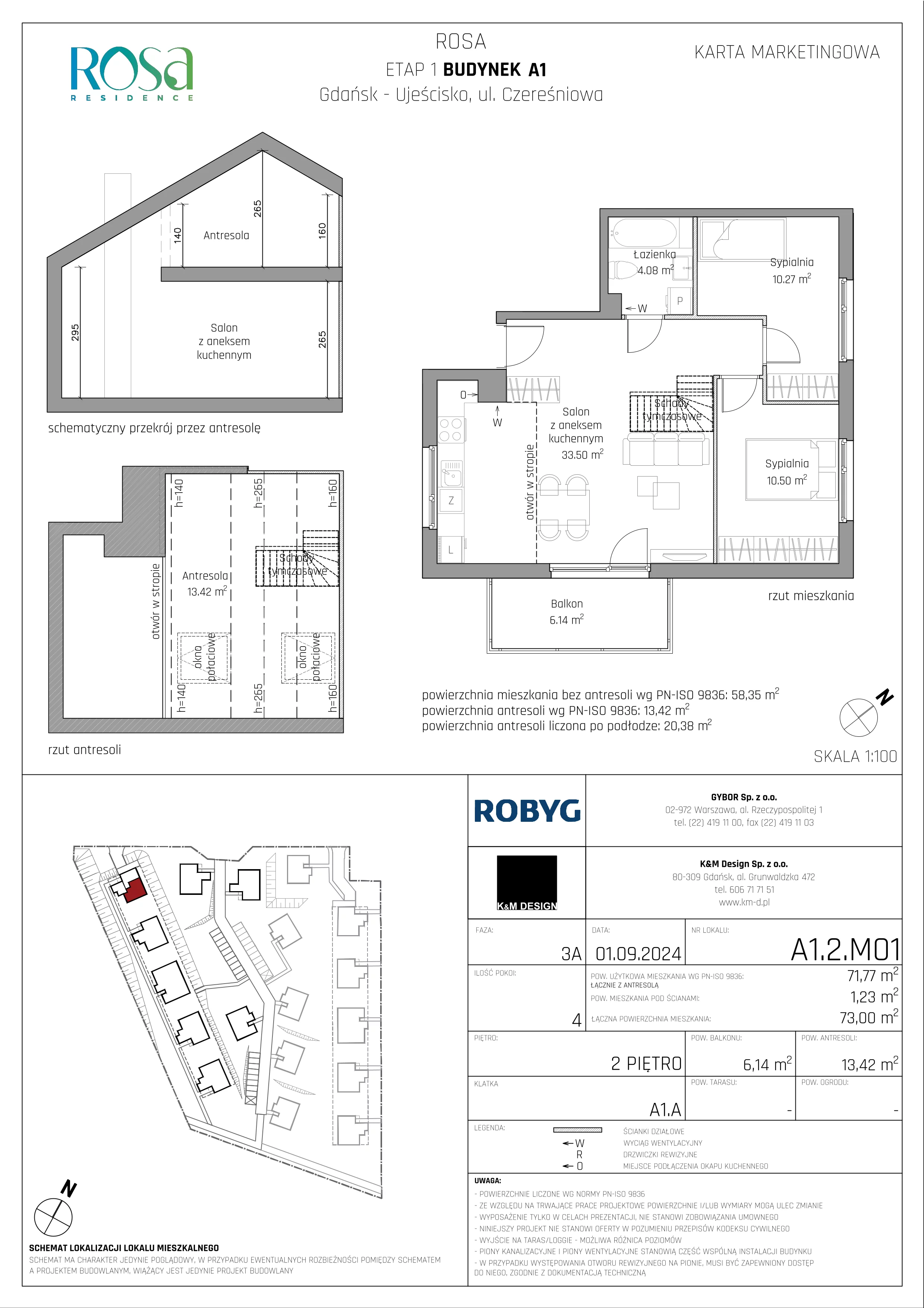 4 pokoje, mieszkanie 71,77 m², piętro 2, oferta nr A1.2M01, ROSA Residence, Gdańsk, Ujeścisko-Łostowice, Ujeścisko, ul. Śliwkowa