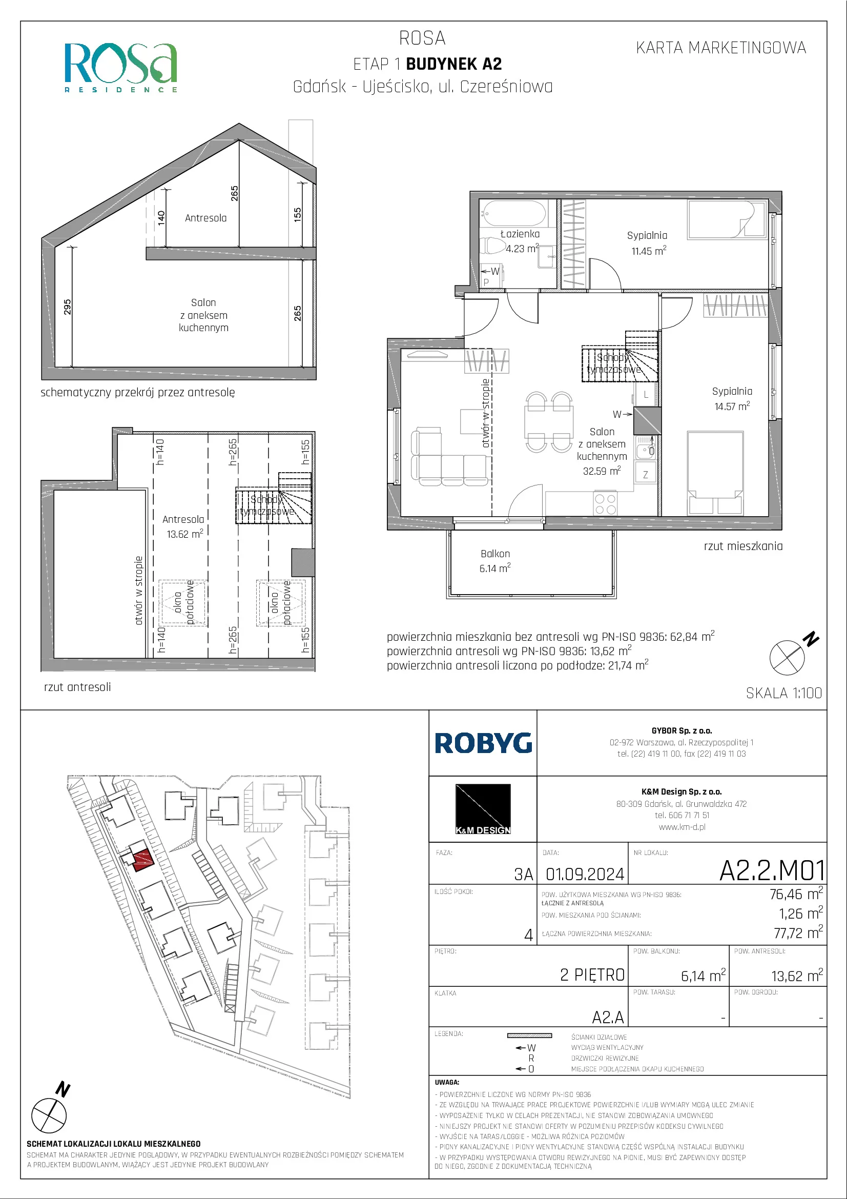 Mieszkanie 76,46 m², piętro 2, oferta nr A2.2M01, ROSA Residence, Gdańsk, Ujeścisko-Łostowice, Ujeścisko, ul. Śliwkowa