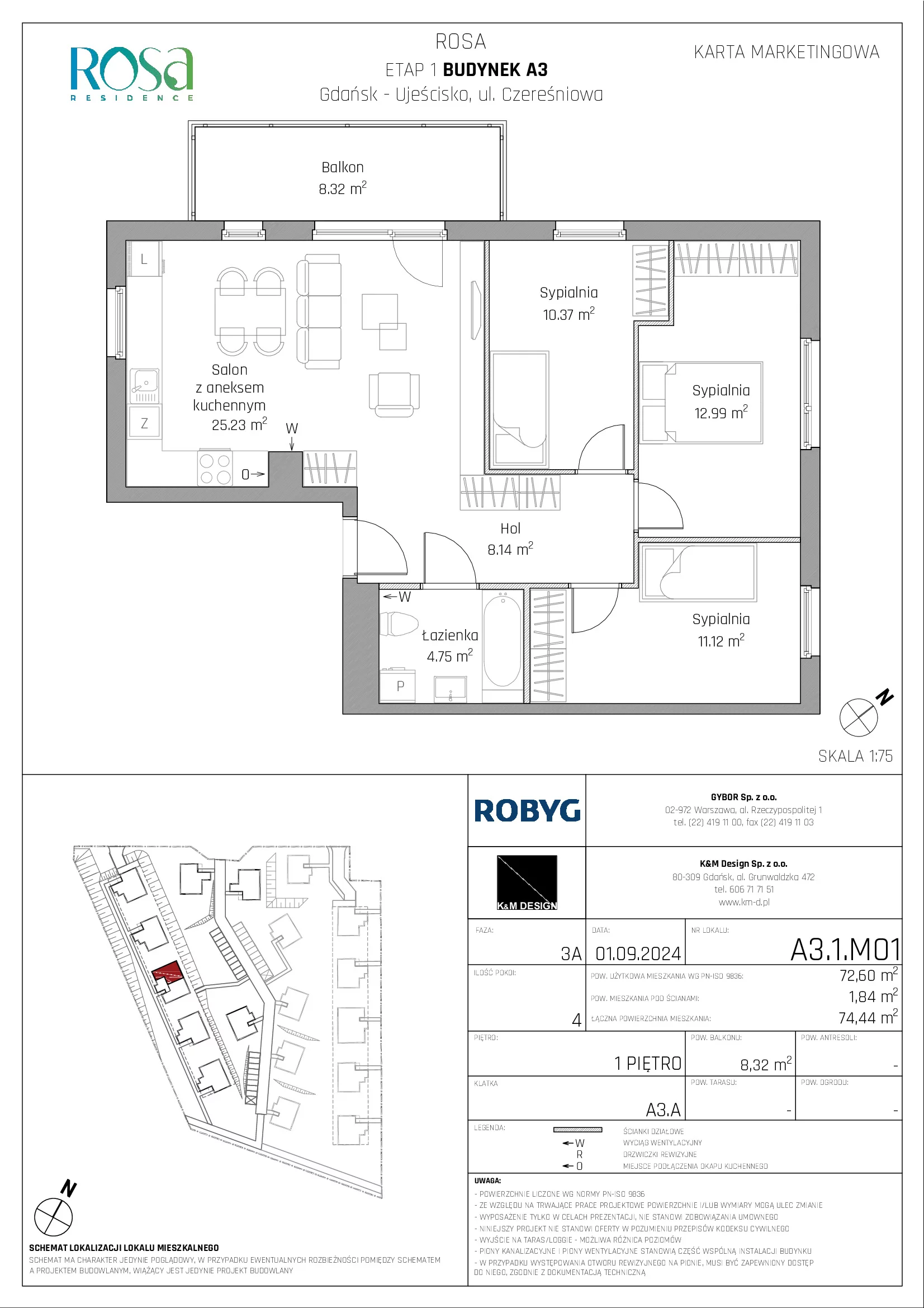 Mieszkanie 72,60 m², piętro 1, oferta nr A3.1M01, ROSA Residence, Gdańsk, Ujeścisko-Łostowice, Ujeścisko, ul. Śliwkowa