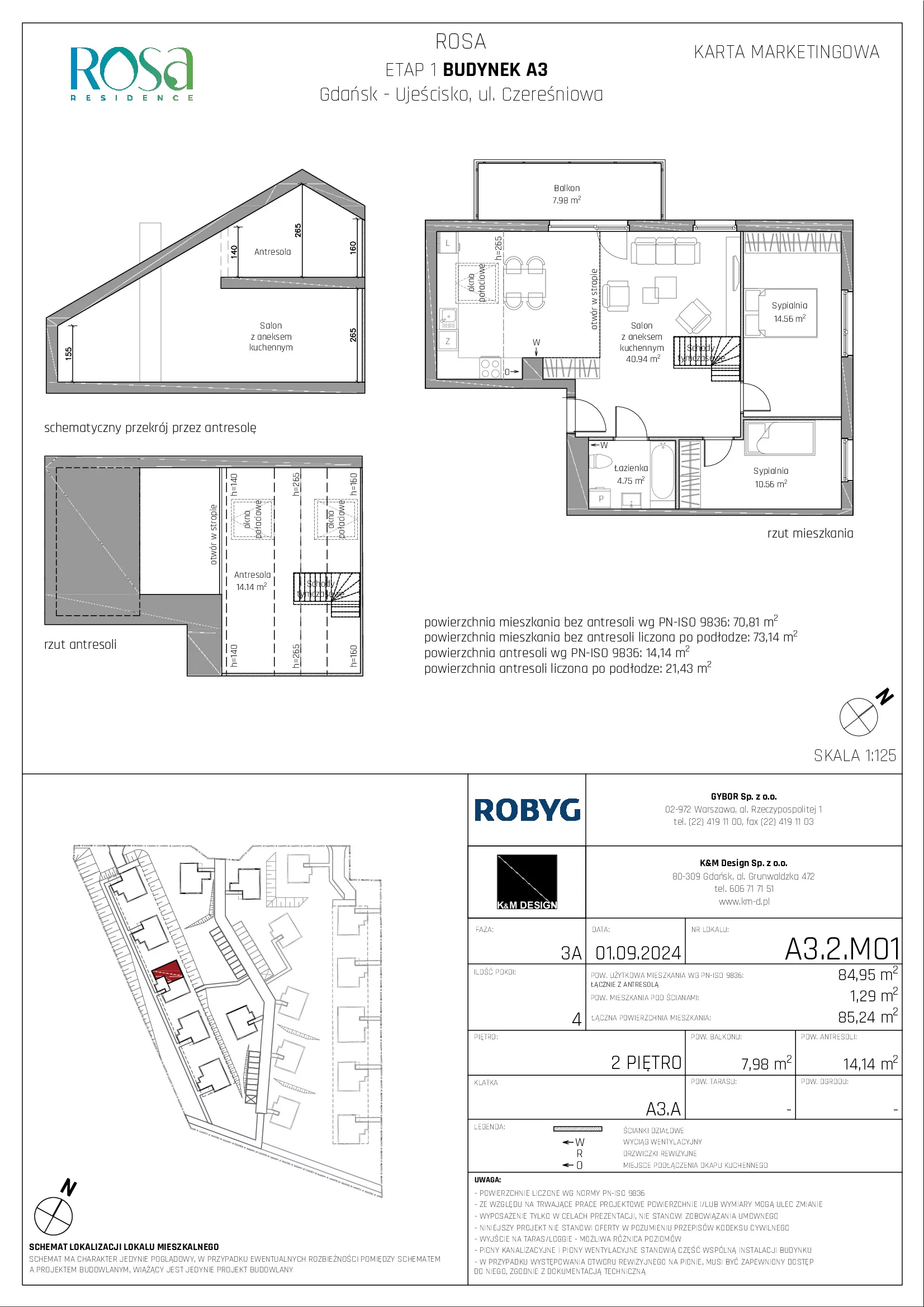 Mieszkanie 84,95 m², piętro 2, oferta nr A3.2M01, ROSA Residence, Gdańsk, Ujeścisko-Łostowice, Ujeścisko, ul. Śliwkowa