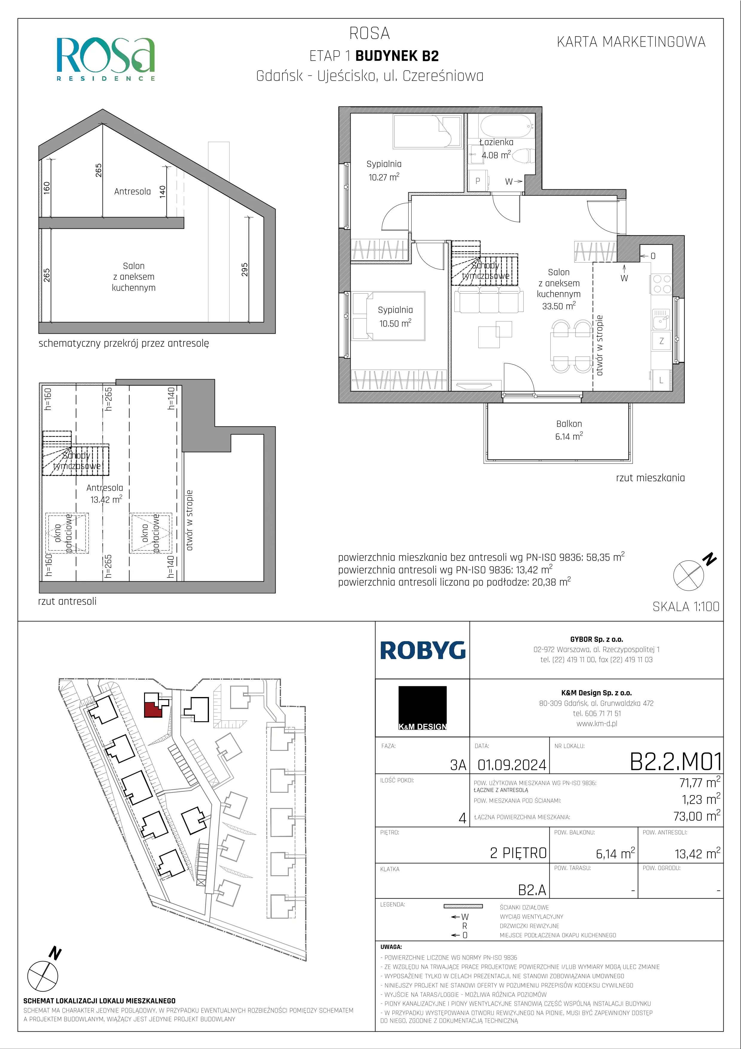 Mieszkanie 71,77 m², piętro 2, oferta nr B2.2M01, ROSA Residence, Gdańsk, Ujeścisko-Łostowice, Ujeścisko, ul. Śliwkowa