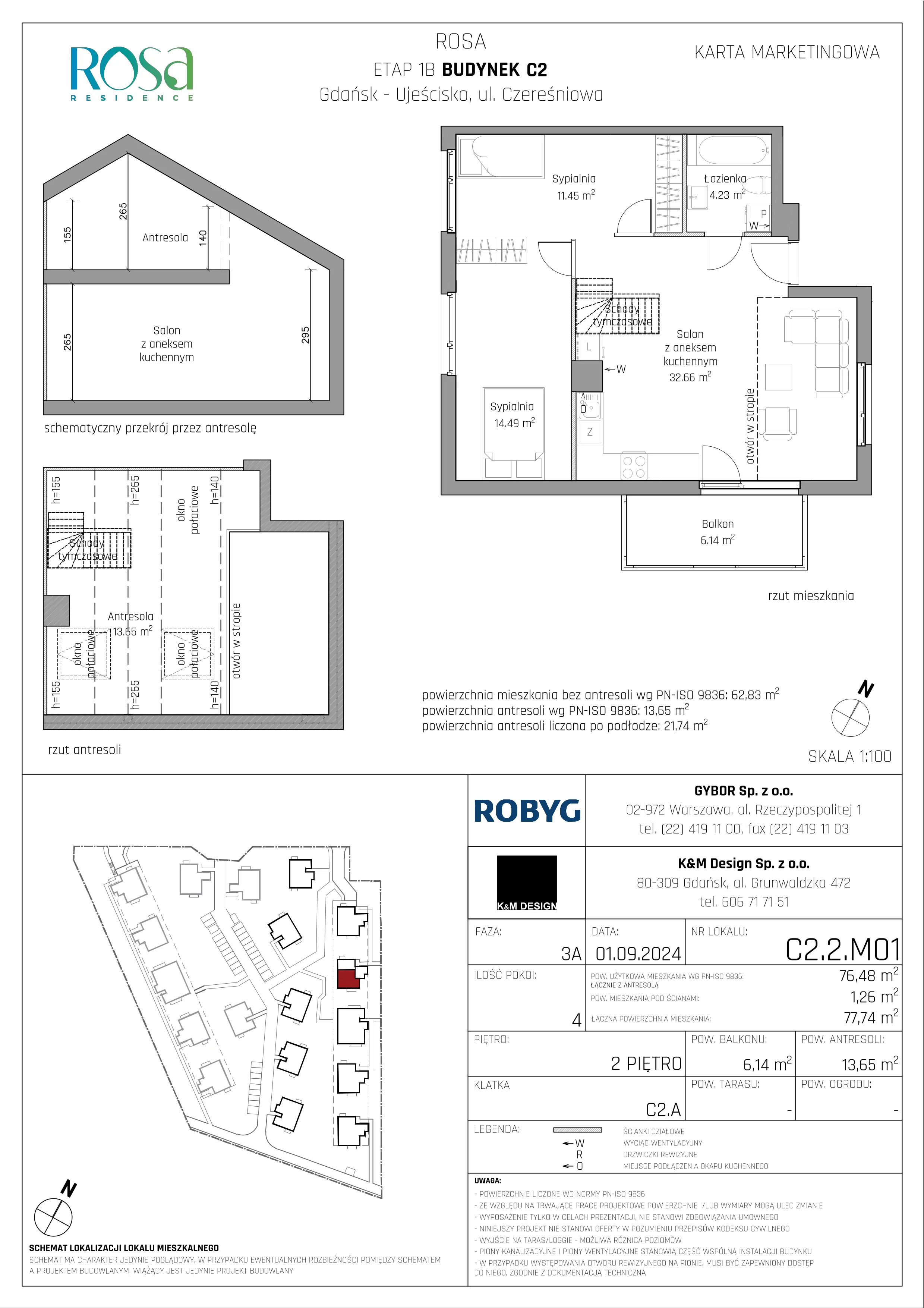 Mieszkanie 76,48 m², piętro 2, oferta nr C2.2M01, ROSA Residence, Gdańsk, Ujeścisko-Łostowice, Ujeścisko, ul. Śliwkowa