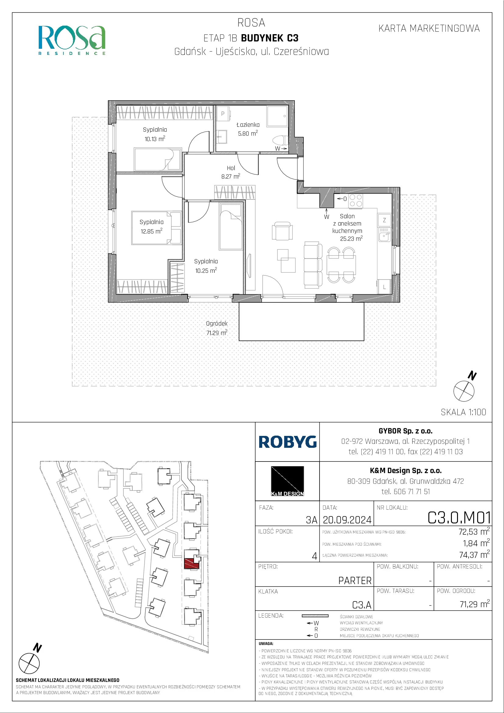 Mieszkanie 72,53 m², parter, oferta nr C3.0M01, ROSA Residence, Gdańsk, Ujeścisko-Łostowice, Ujeścisko, ul. Śliwkowa