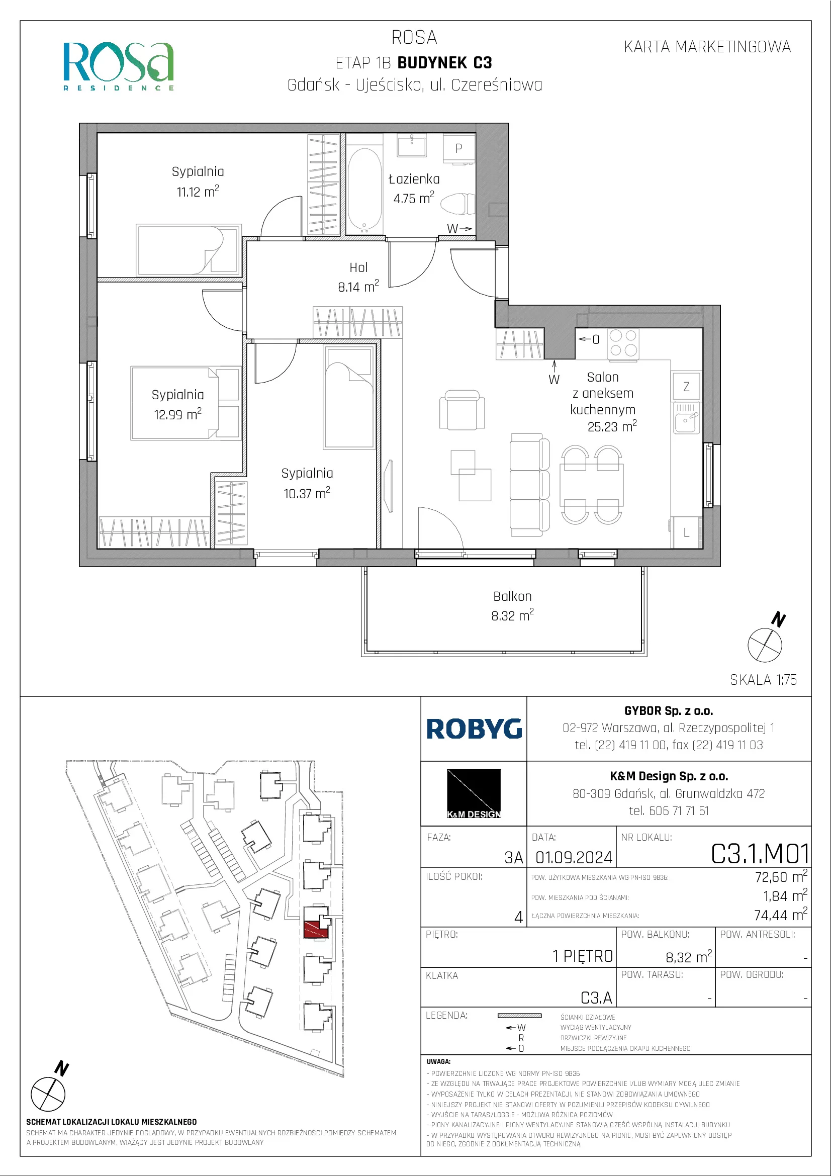 Mieszkanie 72,60 m², piętro 1, oferta nr C3.1M01, ROSA Residence, Gdańsk, Ujeścisko-Łostowice, Ujeścisko, ul. Śliwkowa