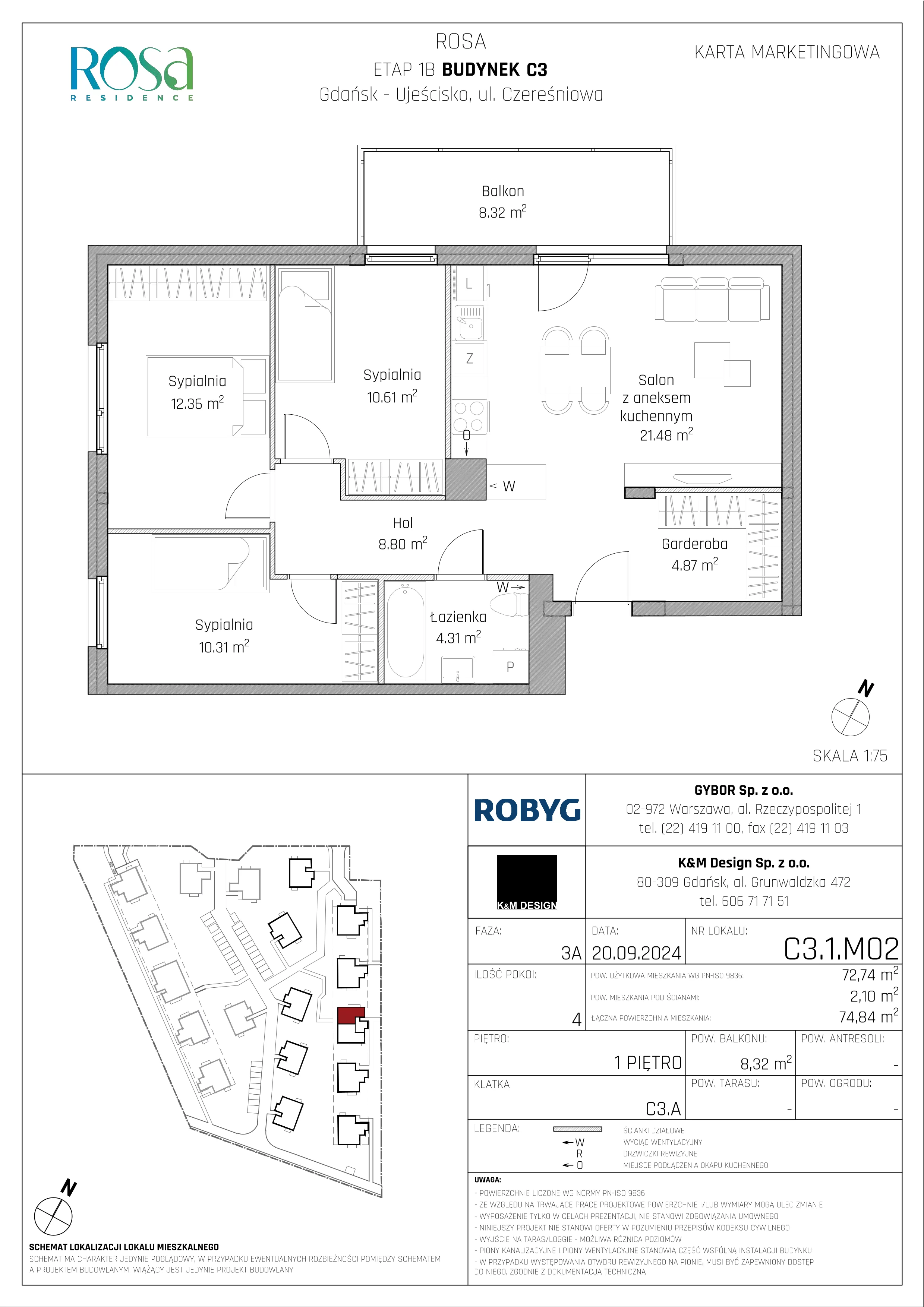 Mieszkanie 72,74 m², piętro 1, oferta nr C3.1M02, ROSA Residence, Gdańsk, Ujeścisko-Łostowice, Ujeścisko, ul. Śliwkowa-idx