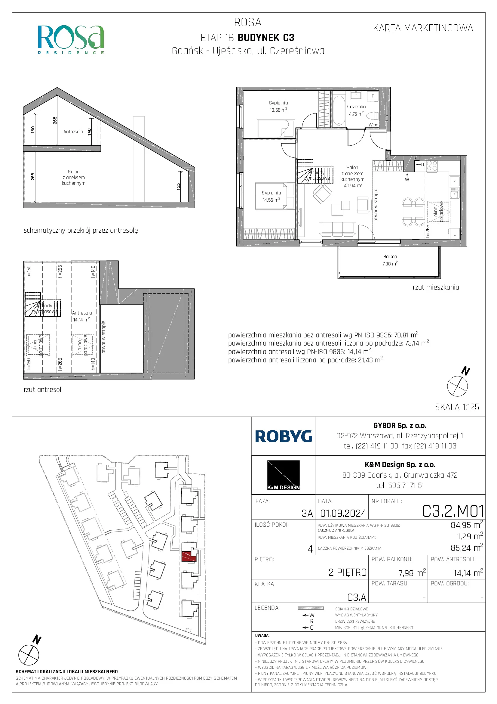 Mieszkanie 84,95 m², piętro 2, oferta nr C3.2M01, ROSA Residence, Gdańsk, Ujeścisko-Łostowice, Ujeścisko, ul. Śliwkowa