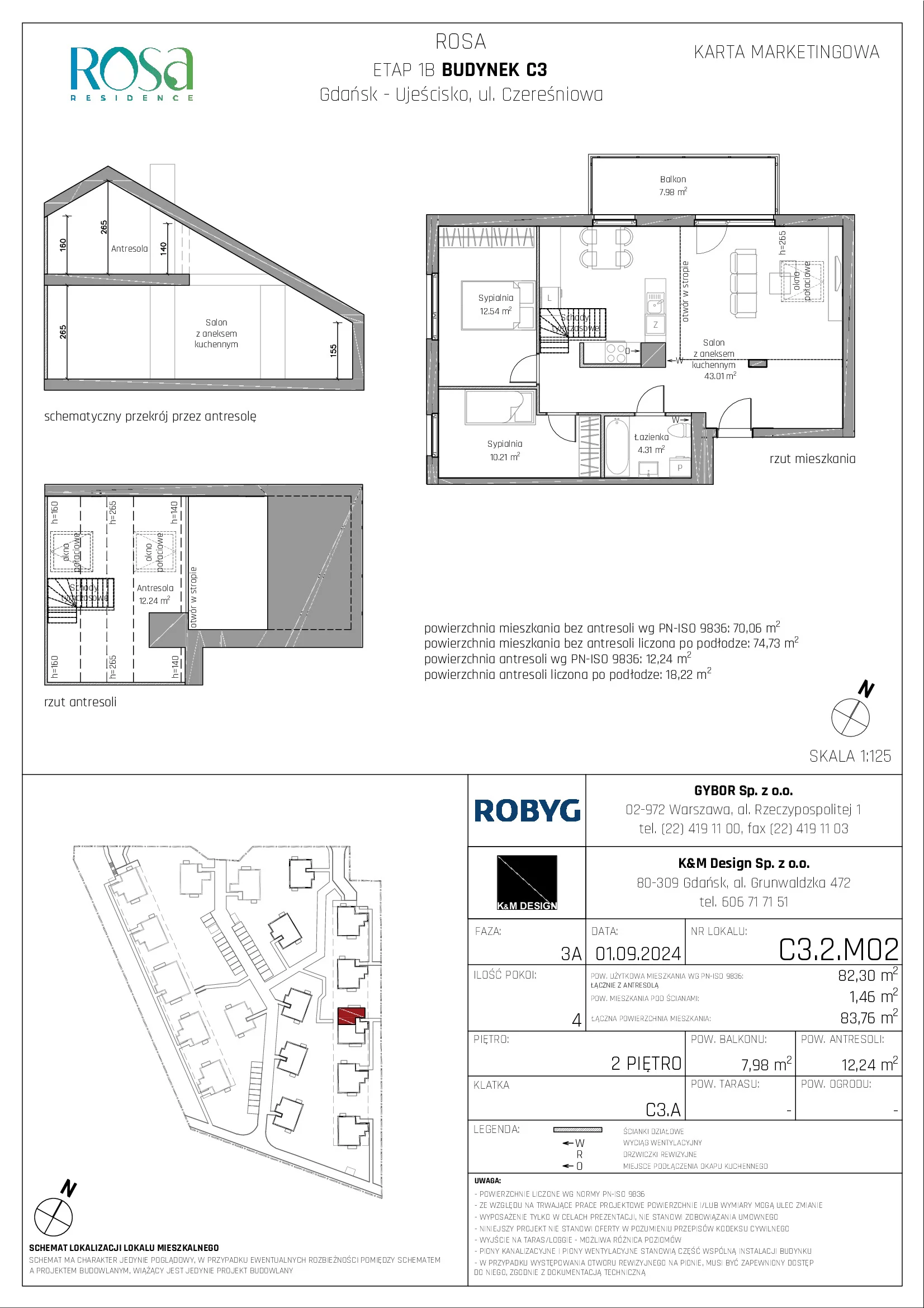 Mieszkanie 82,30 m², piętro 2, oferta nr C3.2M02, ROSA Residence, Gdańsk, Ujeścisko-Łostowice, Ujeścisko, ul. Śliwkowa