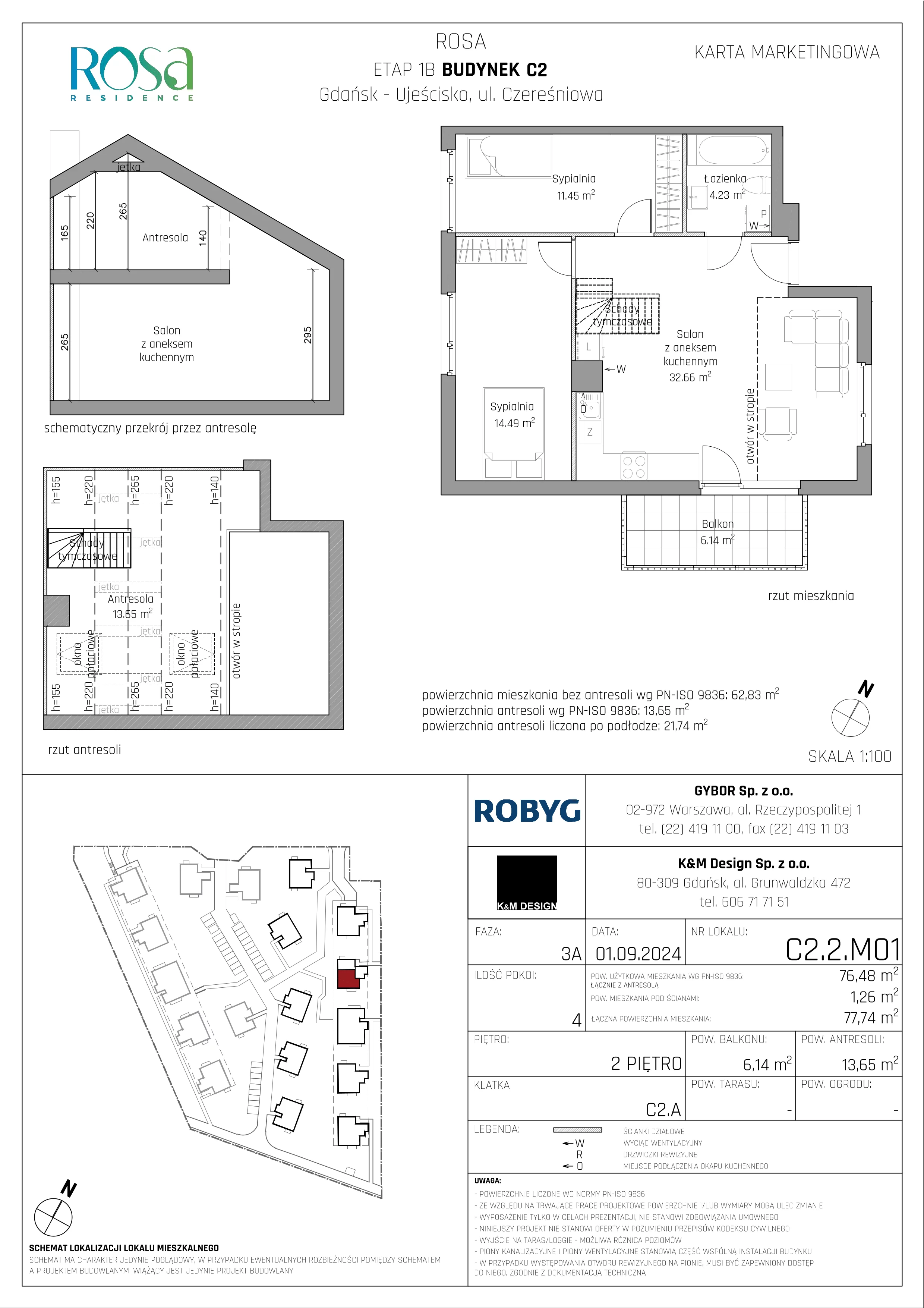 4 pokoje, mieszkanie 76,48 m², piętro 2, oferta nr C2.2M01, ROSA Residence, Gdańsk, Ujeścisko-Łostowice, Ujeścisko, ul. Śliwkowa