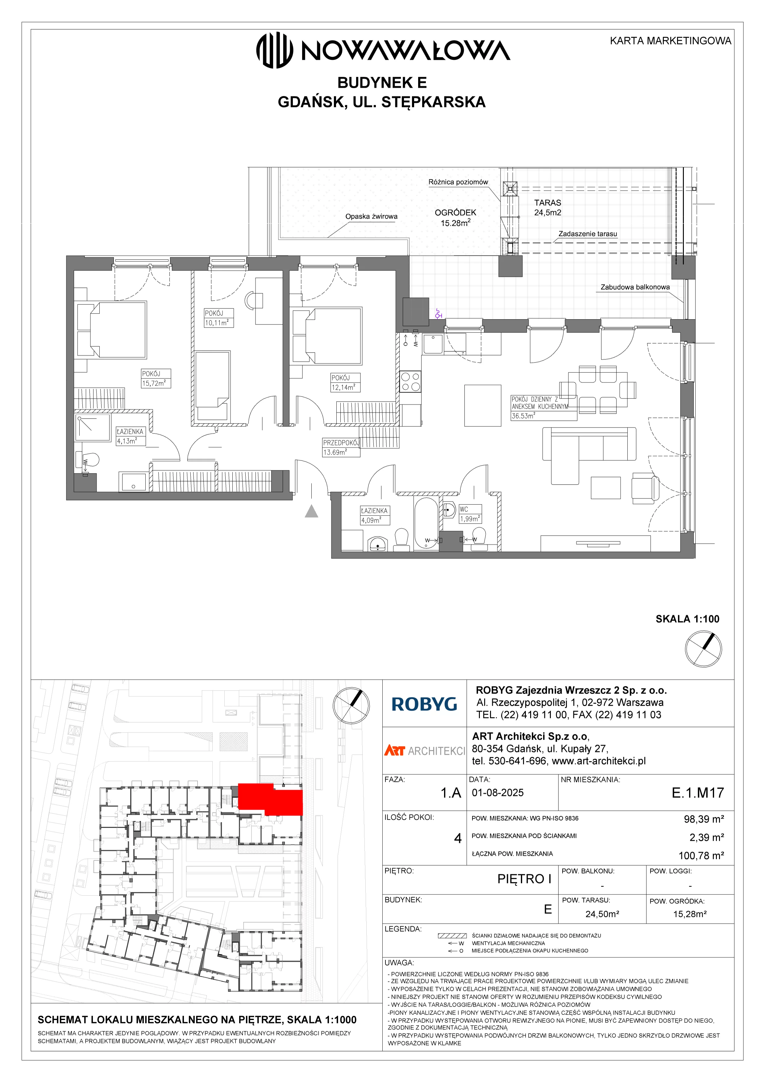 4 pokoje, mieszkanie 98,39 m², piętro 1, oferta nr E.1M17, Nowa Wałowa, Gdańsk, Śródmieście, ul. Stępkarska / Wiosna Ludów