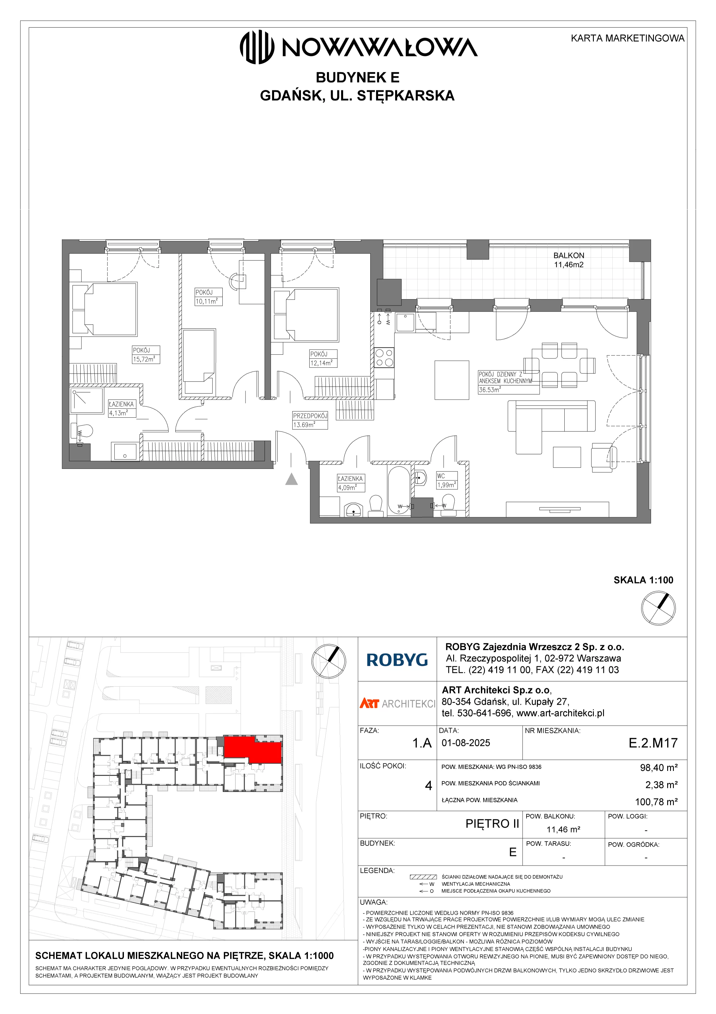 4 pokoje, mieszkanie 98,40 m², piętro 2, oferta nr E.2M17, Nowa Wałowa, Gdańsk, Śródmieście, ul. Stępkarska / Wiosna Ludów