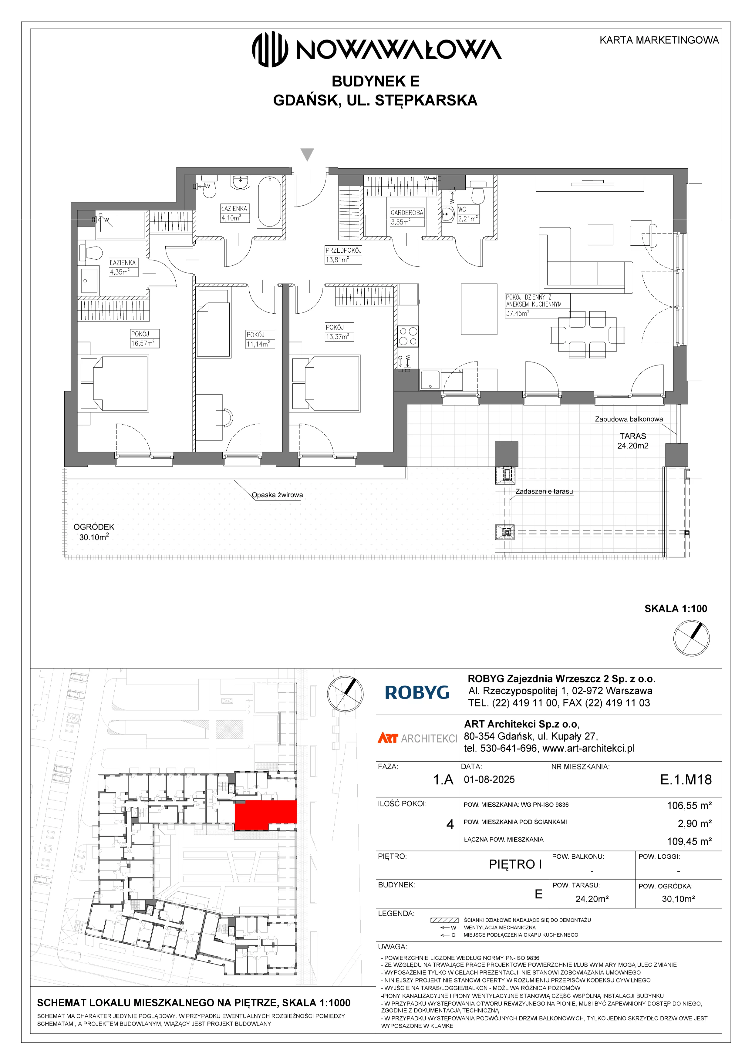 4 pokoje, mieszkanie 106,55 m², piętro 1, oferta nr E.1M18, Nowa Wałowa, Gdańsk, Śródmieście, ul. Stępkarska / Wiosna Ludów