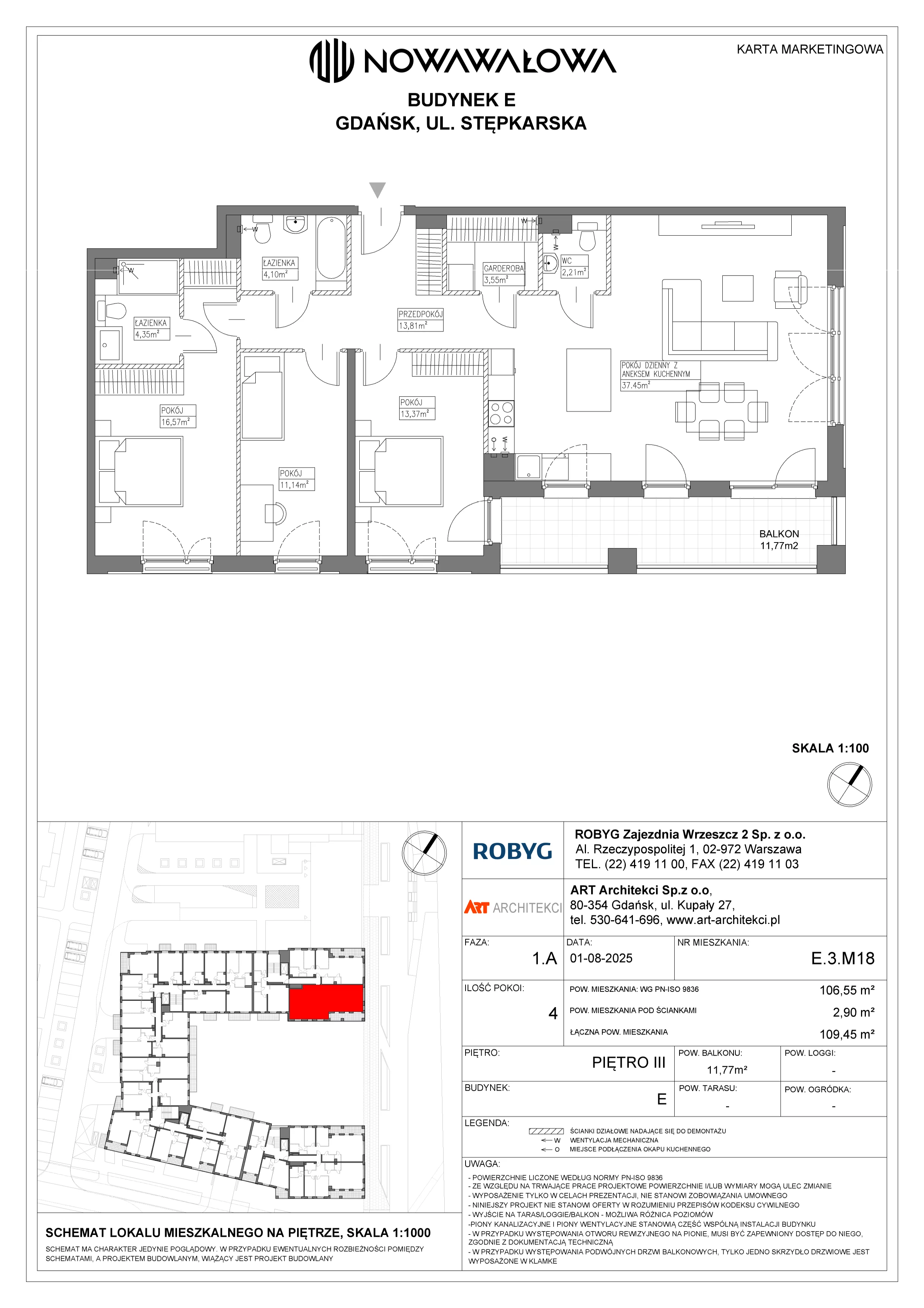 4 pokoje, mieszkanie 106,55 m², piętro 3, oferta nr E.3M18, Nowa Wałowa, Gdańsk, Śródmieście, ul. Stępkarska / Wiosna Ludów