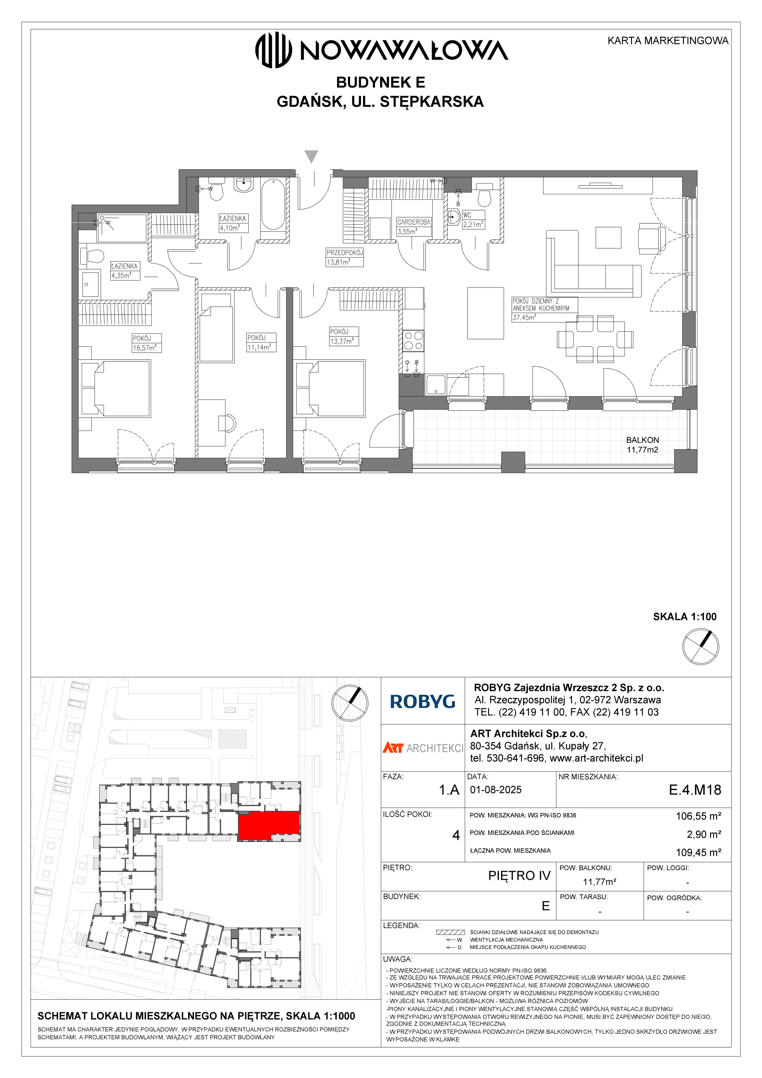 4 pokoje, mieszkanie 106,55 m², piętro 4, oferta nr E.4M18, Nowa Wałowa, Gdańsk, Śródmieście, ul. Stępkarska / Wiosna Ludów