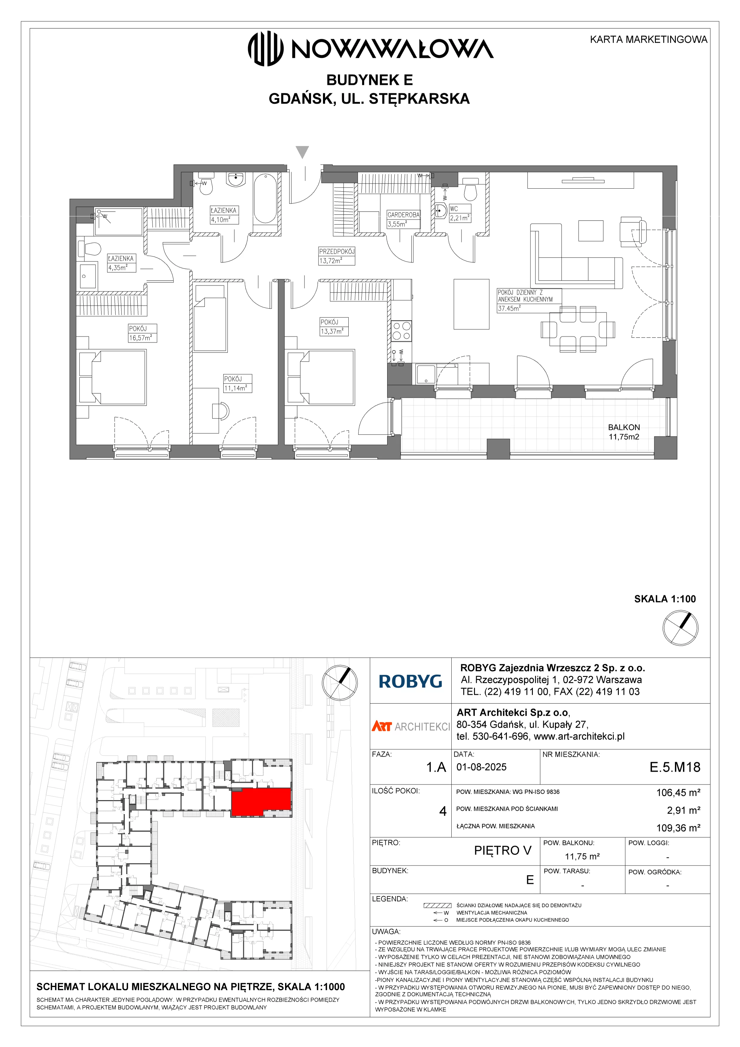 4 pokoje, mieszkanie 106,45 m², piętro 5, oferta nr E.5M18, Nowa Wałowa, Gdańsk, Śródmieście, ul. Stępkarska / Wiosna Ludów