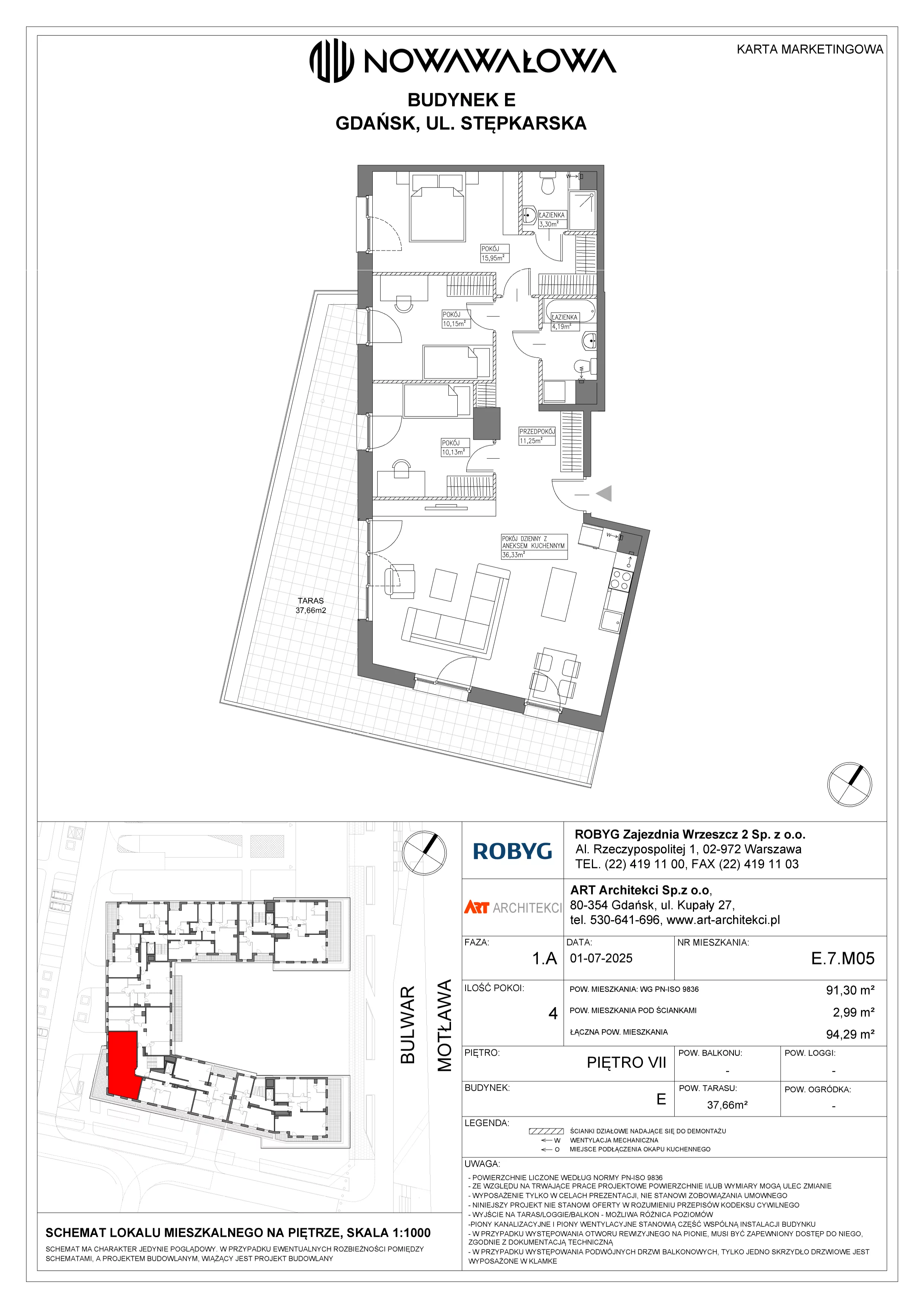 4 pokoje, mieszkanie 91,30 m², piętro 7, oferta nr E.7M05, Nowa Wałowa, Gdańsk, Śródmieście, ul. Stępkarska / Wiosna Ludów