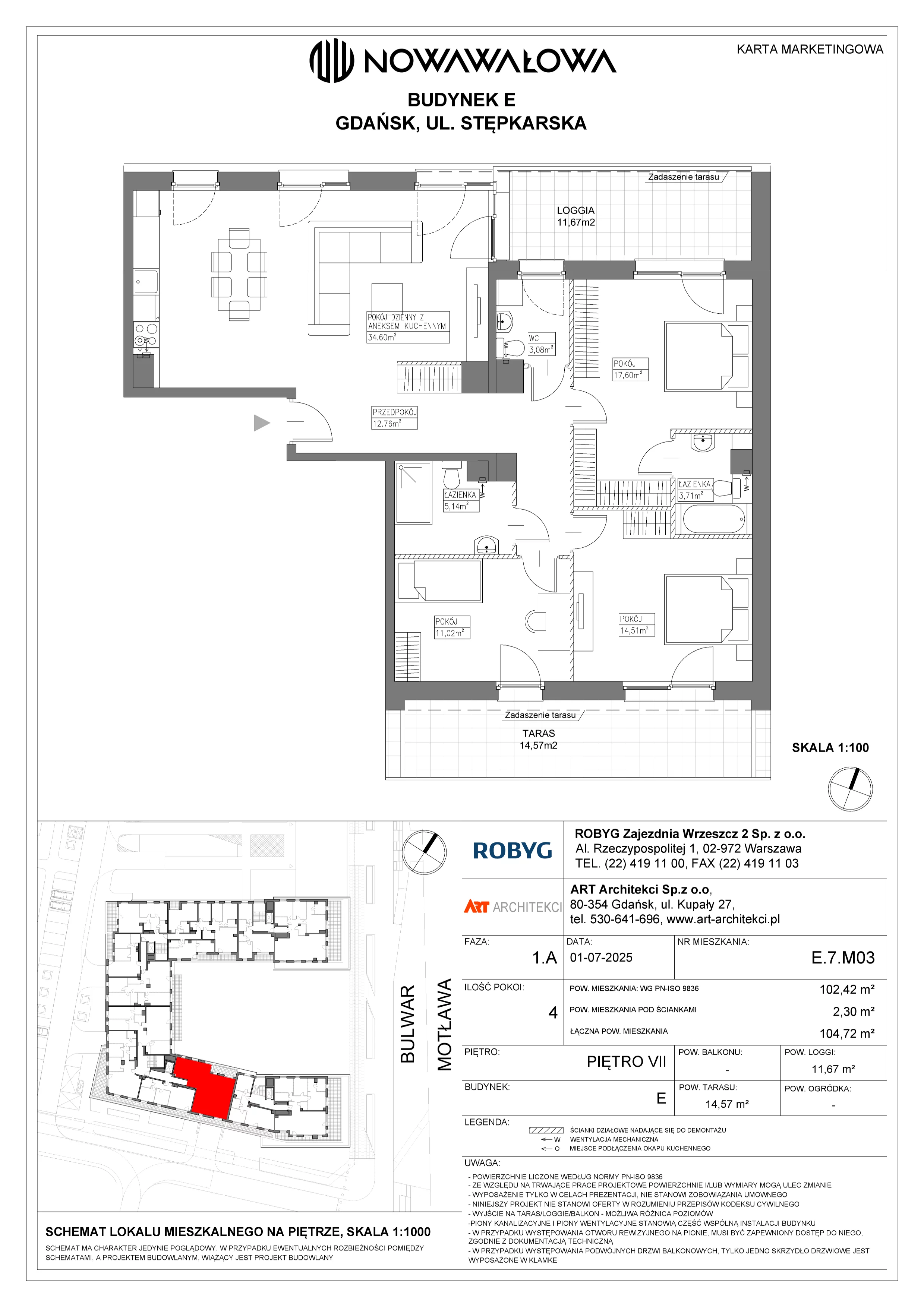 4 pokoje, mieszkanie 102,42 m², piętro 7, oferta nr E.7M03, Nowa Wałowa, Gdańsk, Śródmieście, ul. Stępkarska / Wiosna Ludów