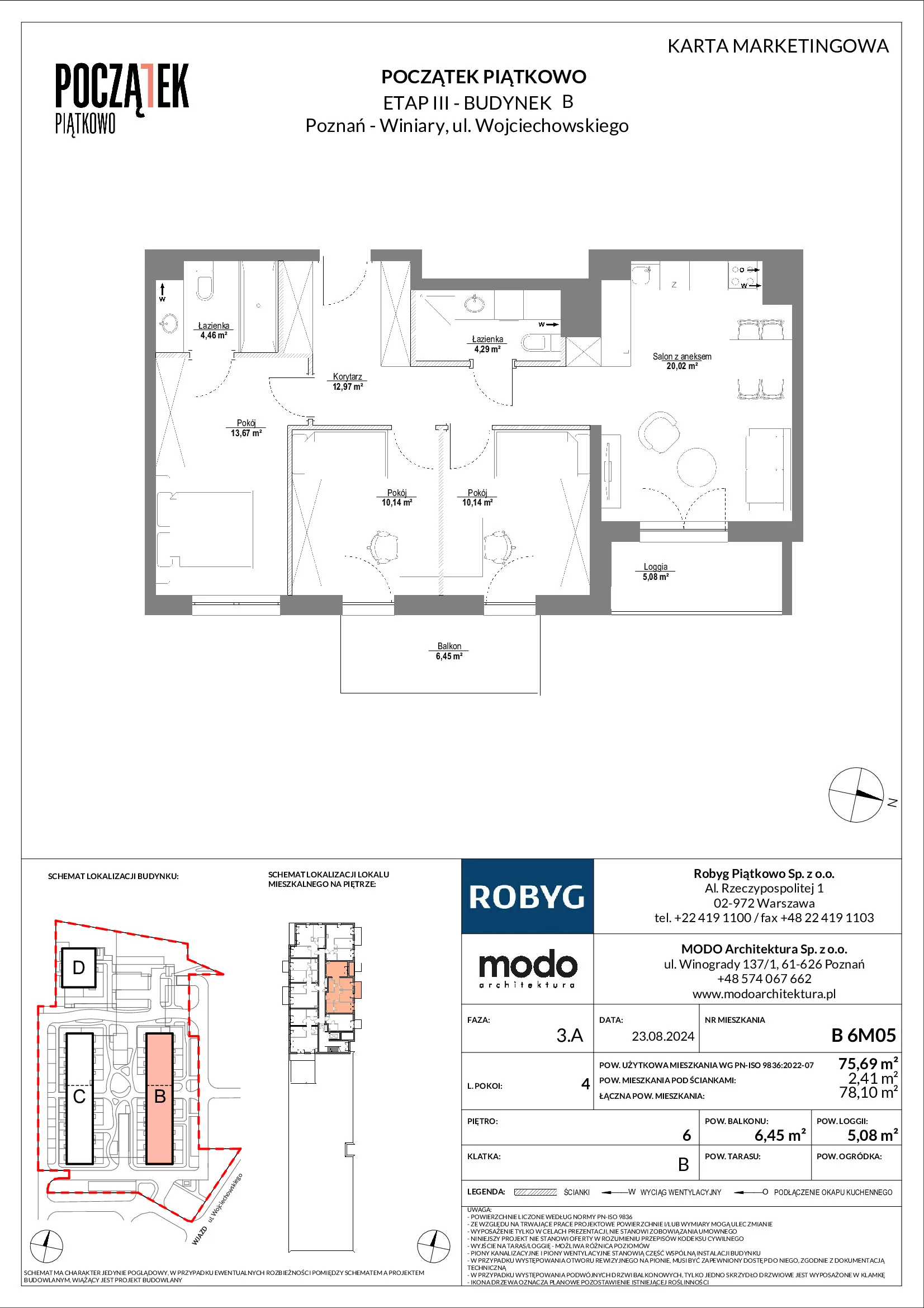 Mieszkanie 75,69 m², piętro 6, oferta nr B.6M05, Początek Piątkowo, Poznań, Piątkowo, ul. Wojciechowskiego