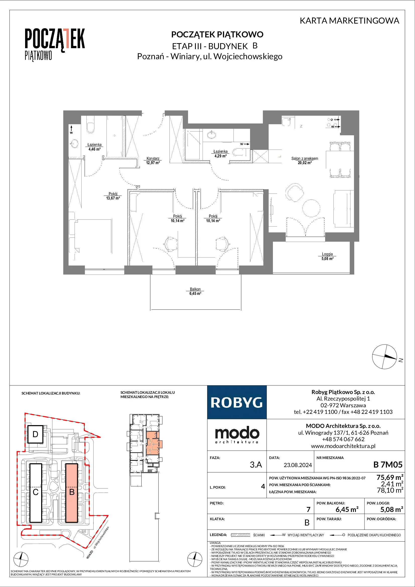 Mieszkanie 75,69 m², piętro 7, oferta nr B.7M05, Początek Piątkowo, Poznań, Piątkowo, ul. Wojciechowskiego