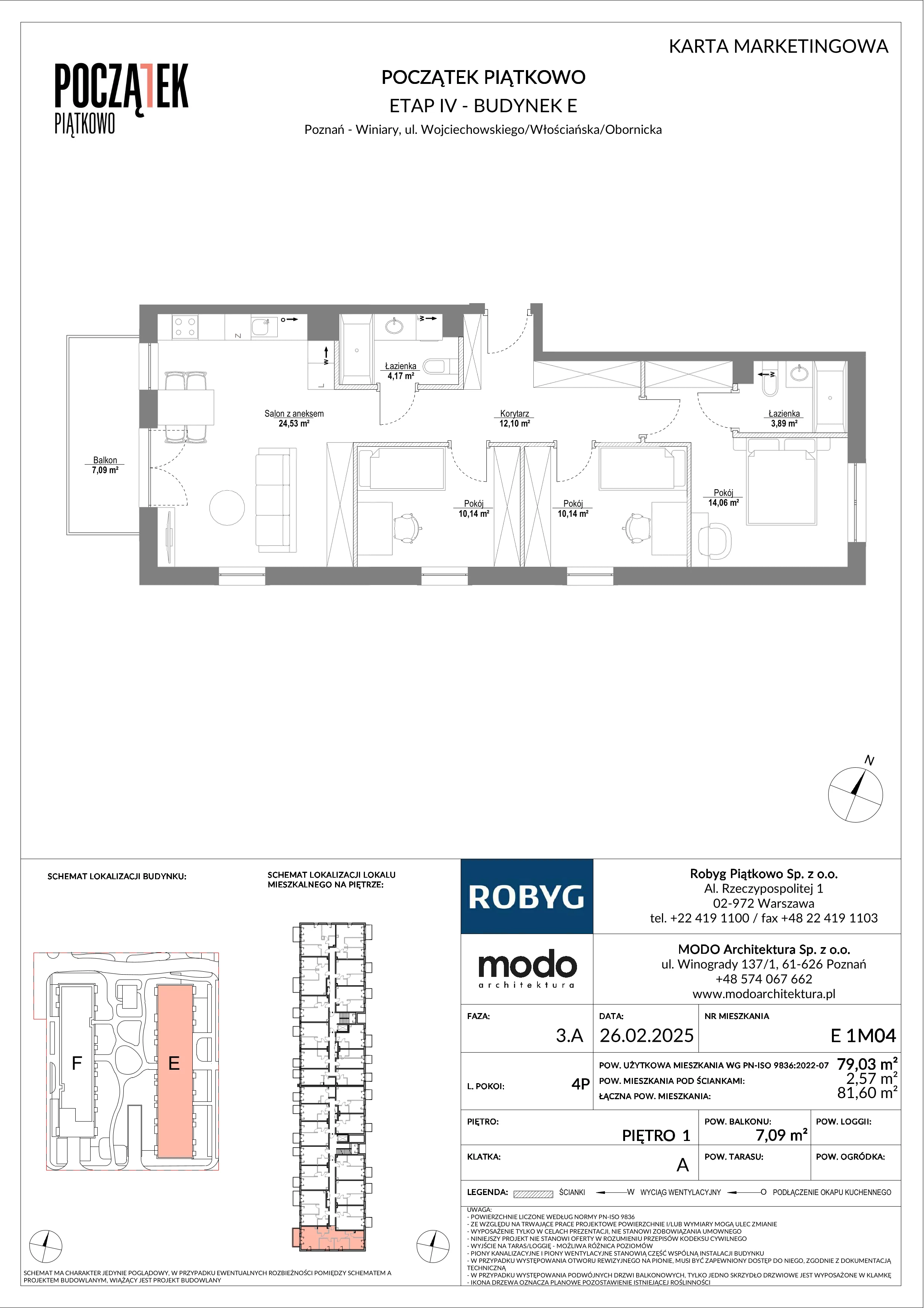4 pokoje, mieszkanie 79,03 m², piętro 1, oferta nr E.1M04, Początek Piątkowo Budynek E, Poznań, Piątkowo, ul. Wojciechowskiego