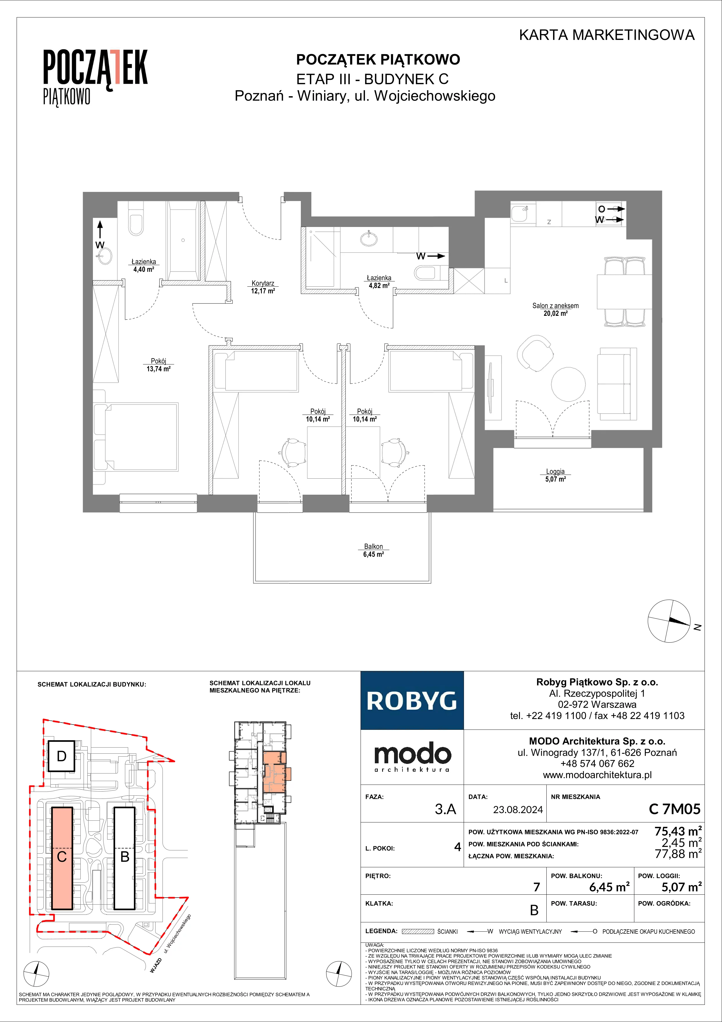 4 pokoje, mieszkanie 75,43 m², piętro 7, oferta nr C.7M05, Początek Piątkowo Budynek C, Poznań, Piątkowo, ul. Wojciechowskiego