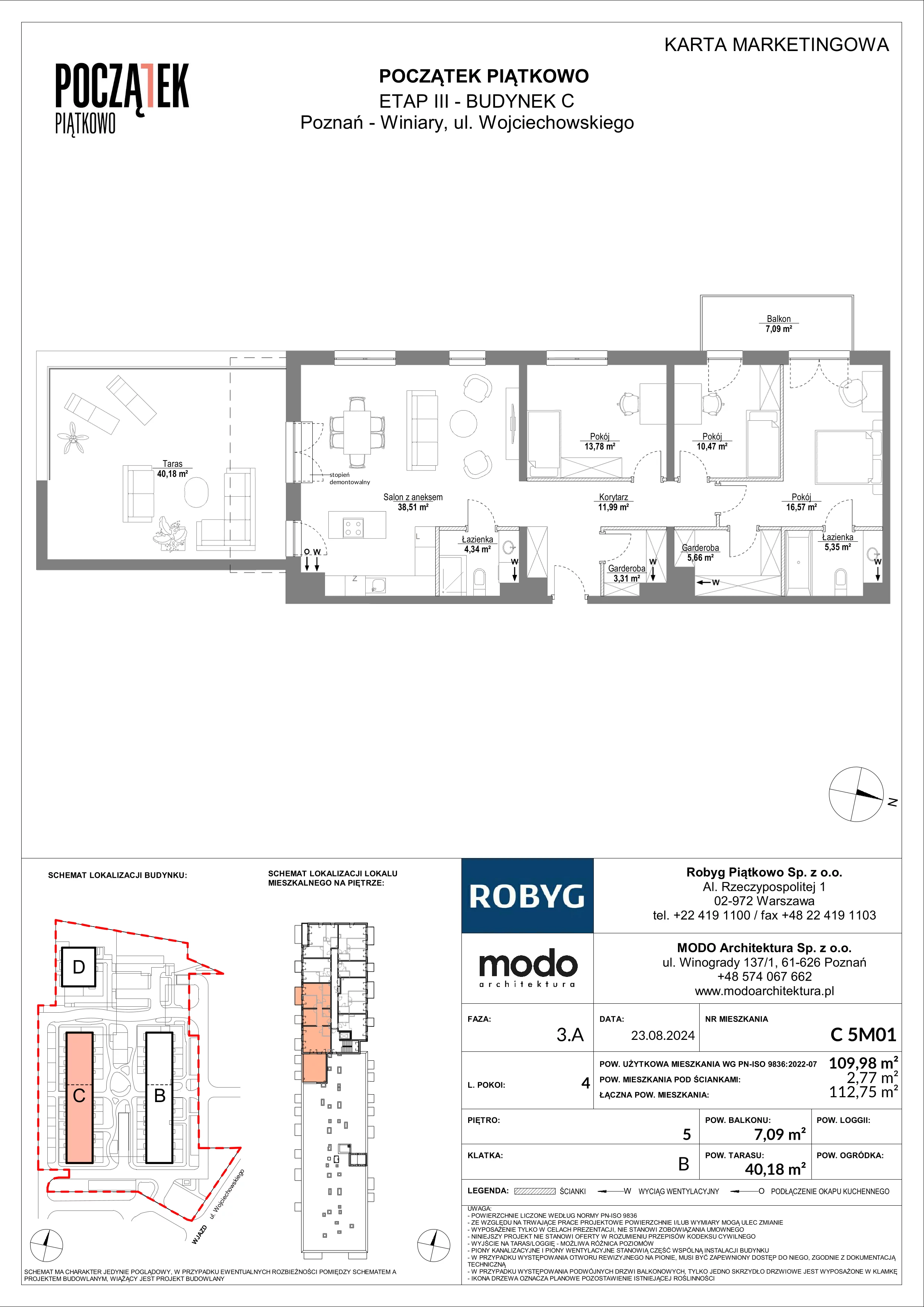 4 pokoje, mieszkanie 109,98 m², piętro 5, oferta nr C.5M01, Początek Piątkowo Budynek C, Poznań, Piątkowo, ul. Wojciechowskiego