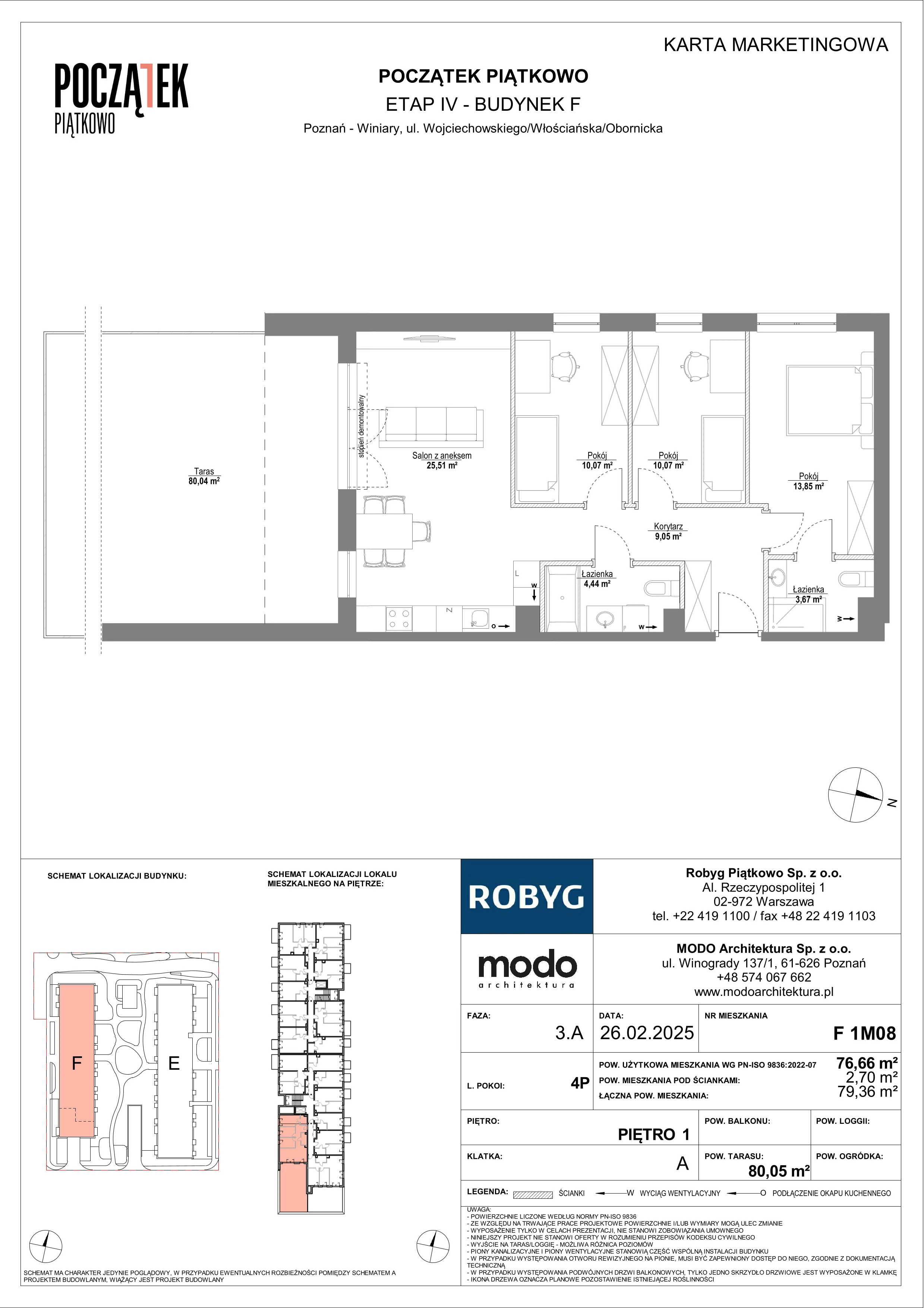 4 pokoje, mieszkanie 76,66 m², piętro 1, oferta nr F.1M08, Początek Piątkowo Budynek F, Poznań, Piątkowo, ul. Wojciechowskiego