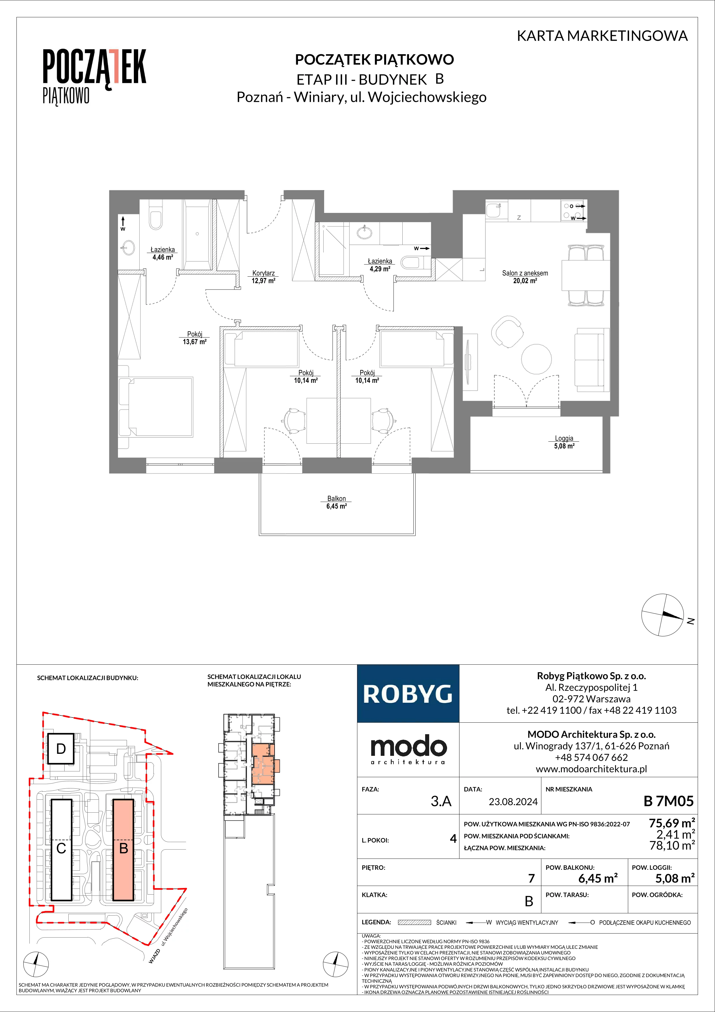 4 pokoje, mieszkanie 75,69 m², piętro 7, oferta nr B.7M05, Początek Piątkowo, Poznań, Piątkowo, ul. Wojciechowskiego